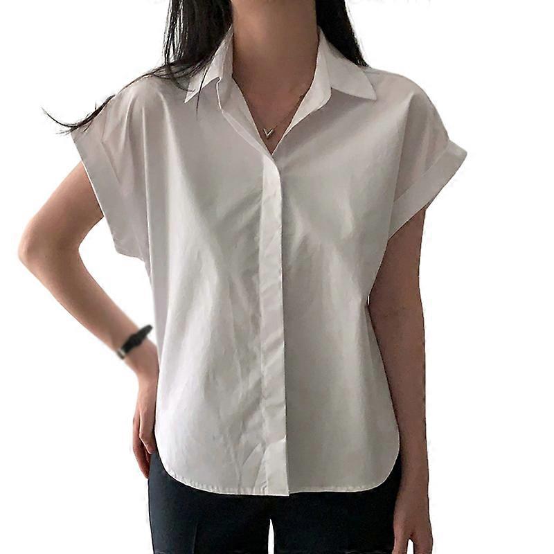 Summer Women Solid Color Lapels Simple Casual Short-sleeved Basic Shirt 