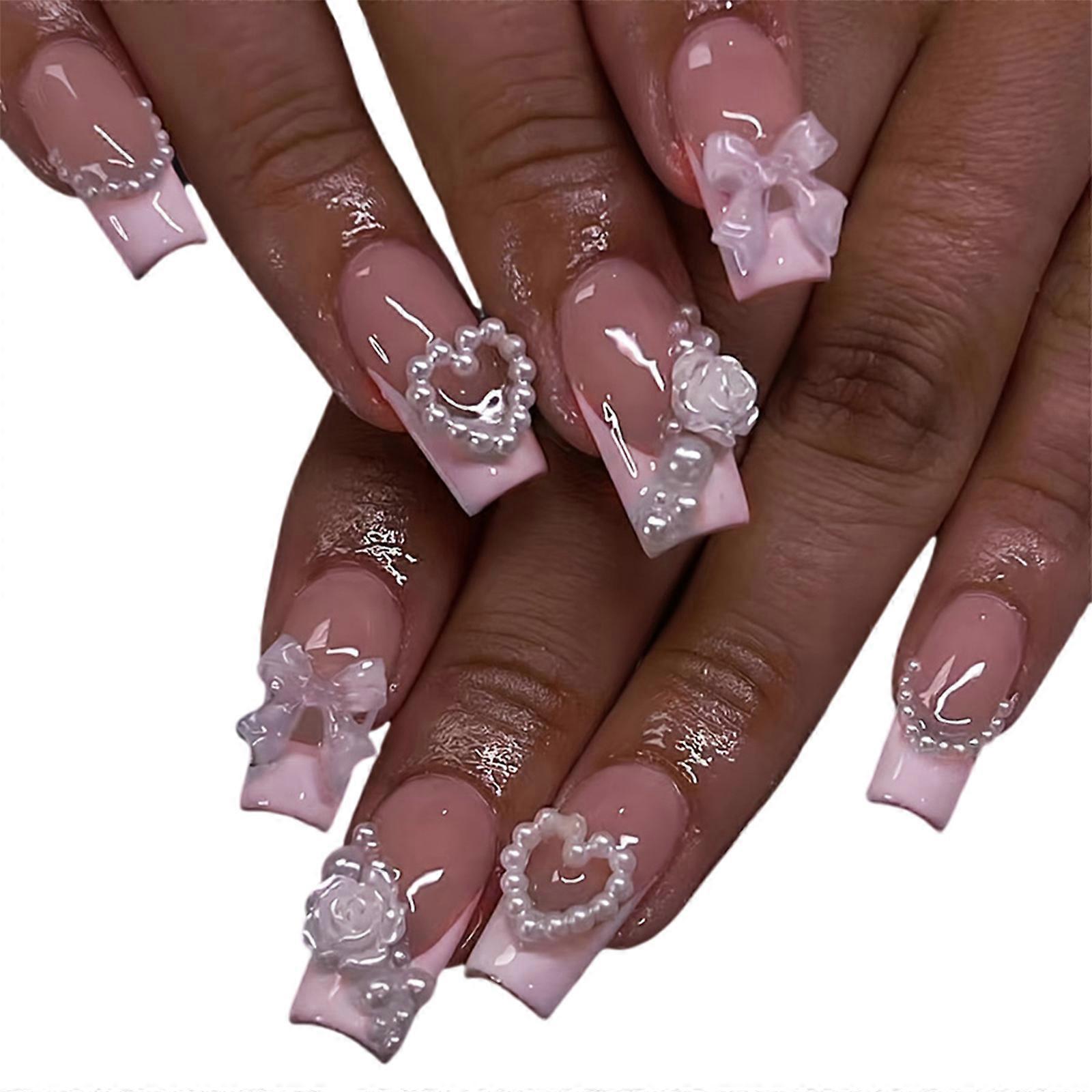 1 Box Coffin False Nails Press On Nails with Pearls Full Cover Stick on Nails French Tip Nails Artificial False Nails