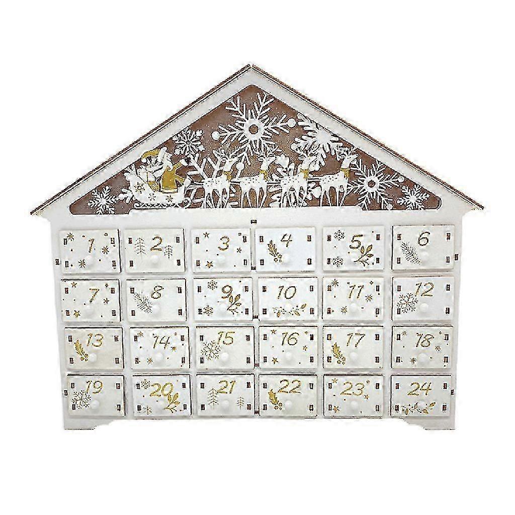 Christmas Wooden House Advent Calendar Led Lighted Snowflake Reindeer Scene Countdown Ornament With Large Drawer Box Xmas Decoration Gifts