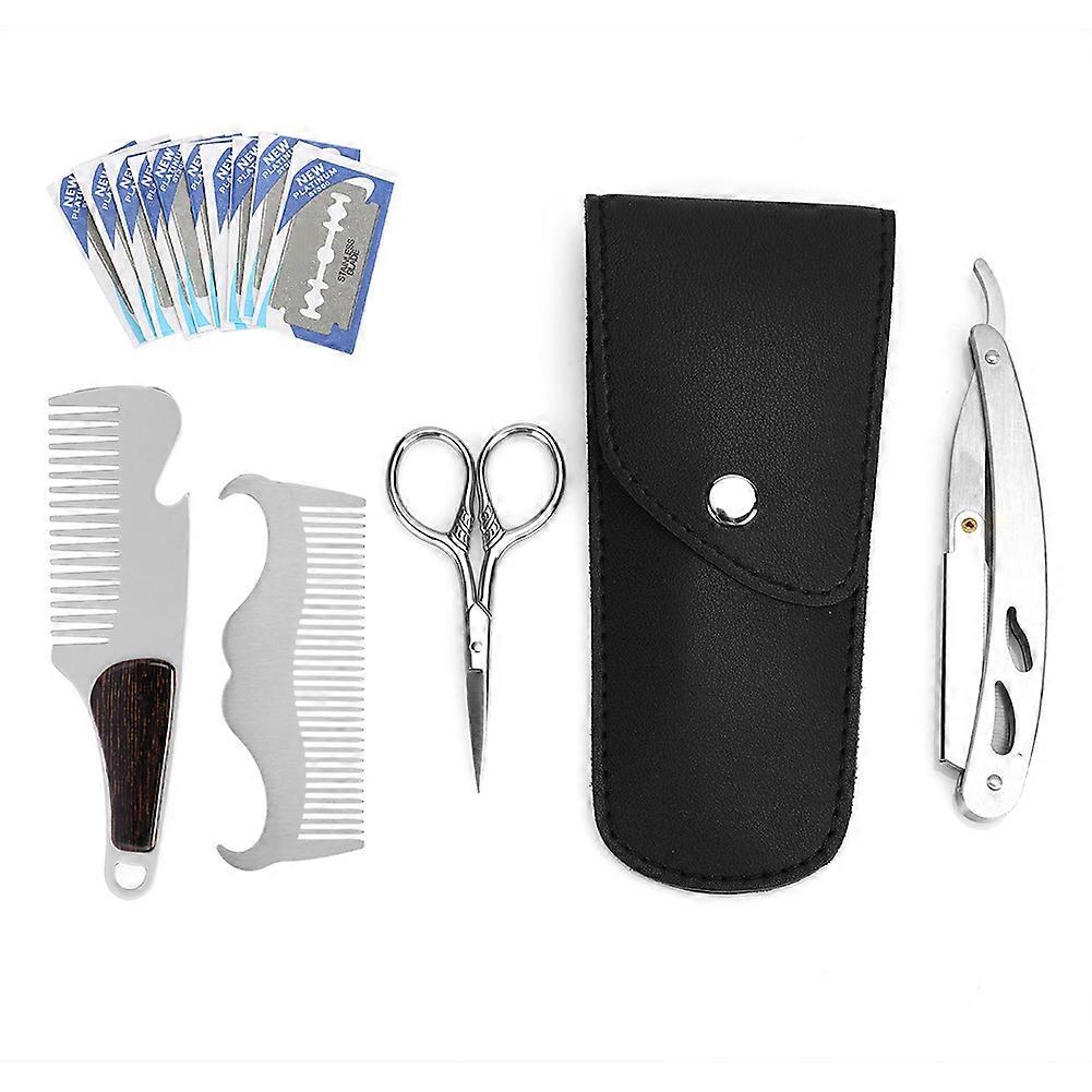 6pcs Beard Kit Shaving Knife Blade Beard Brush Scissors Storage Bag Modeling Set