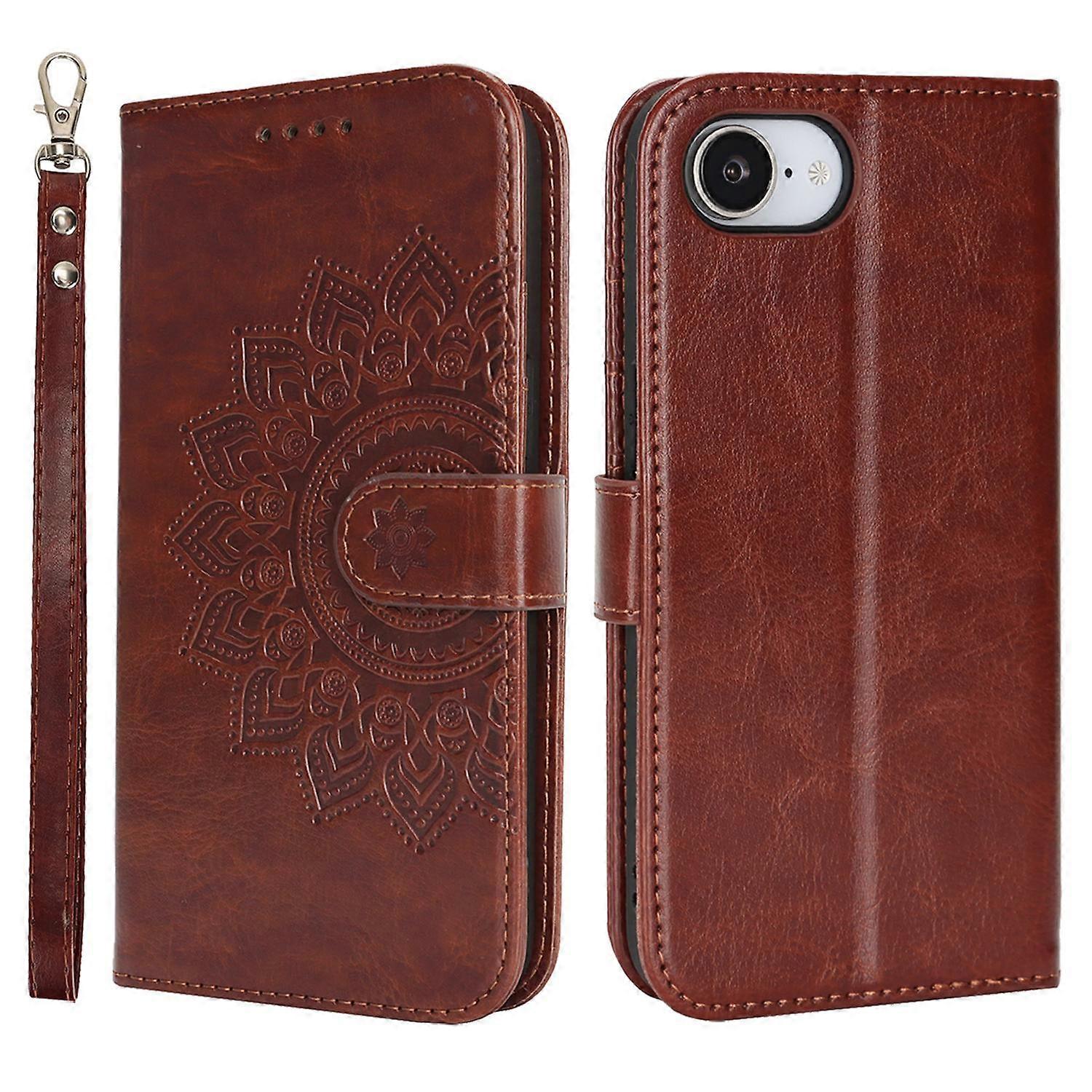 For iPhone 16e Case Textured Leather Wallet Phone Cover with Strap - Dark Brown
