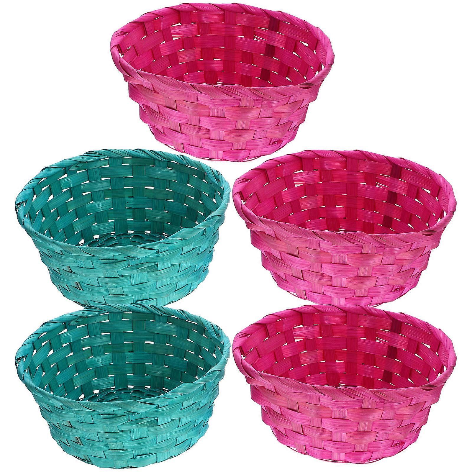 5pcs Easter Woven Basket, 20x8cm Round Bamboo Wicker Bucket For Egg Bread Candy Picnic Food Container (Random Color)