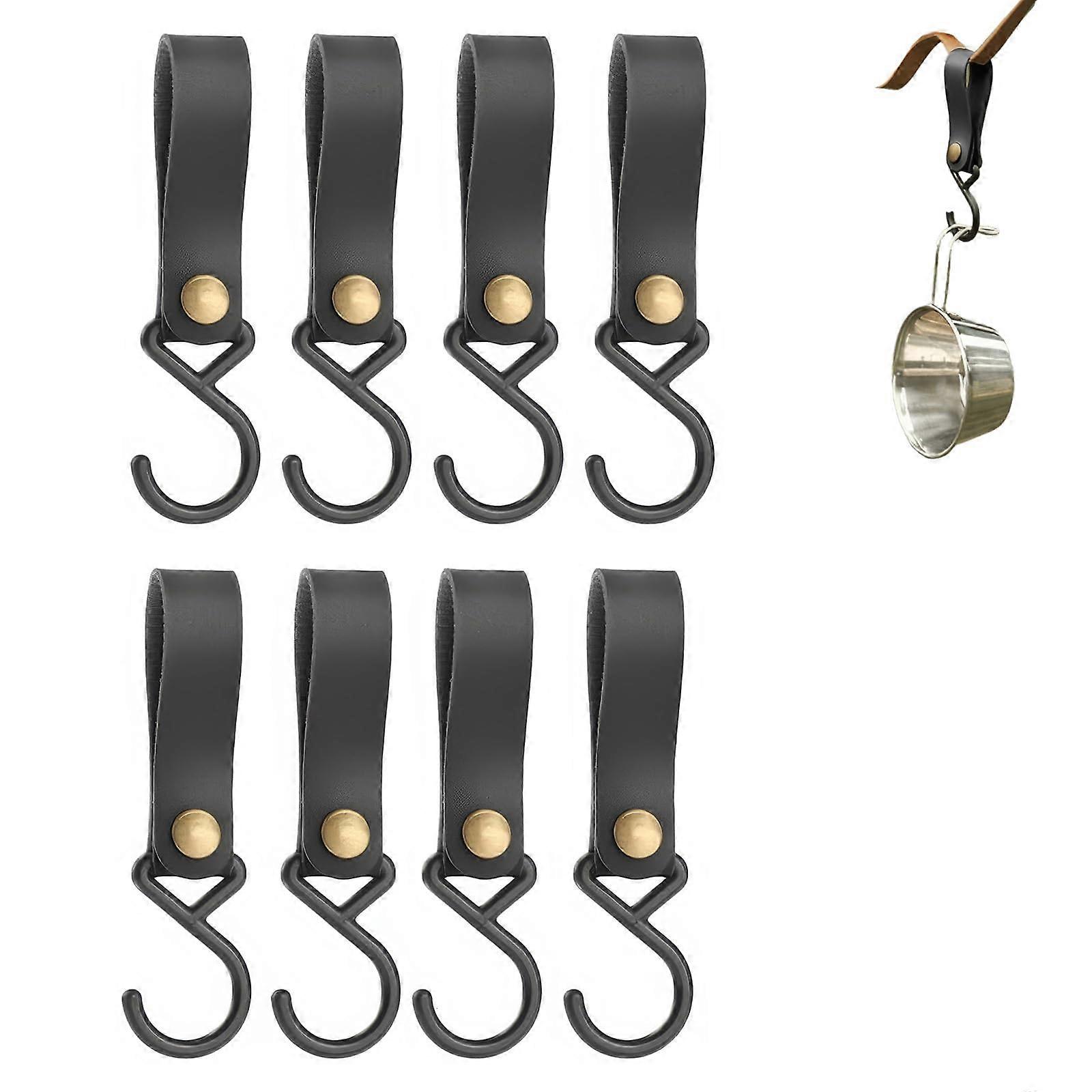 S Hooks Black for Closet Organization, Multi-Purpose Leather Loop Hooks for Clothes, Towels, Kitchen, Bathroom, Pack of 8