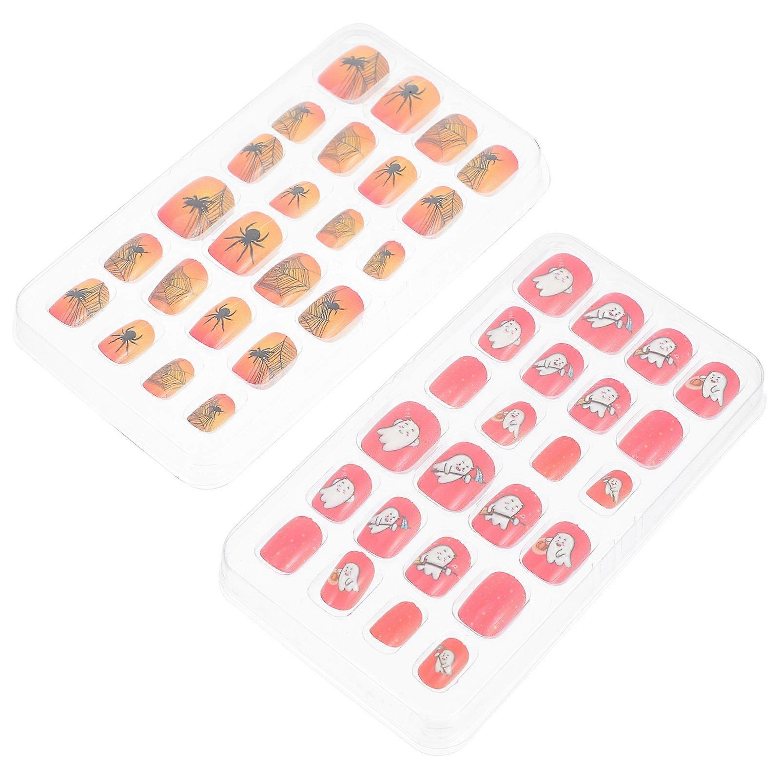 Halloween Nail Decoration For Kids With Full Cover Fake Nails Tips In Orange Color 2 Boxes