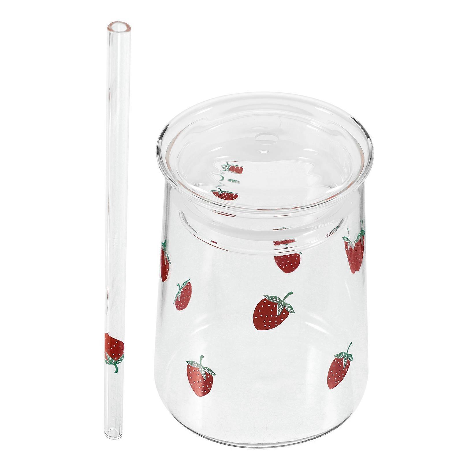 Strawberry Tableware Glass Cup With Lid Drinking Cup Ideal For Home Use In Transparent Material Featuring Sealing Function 1 Set