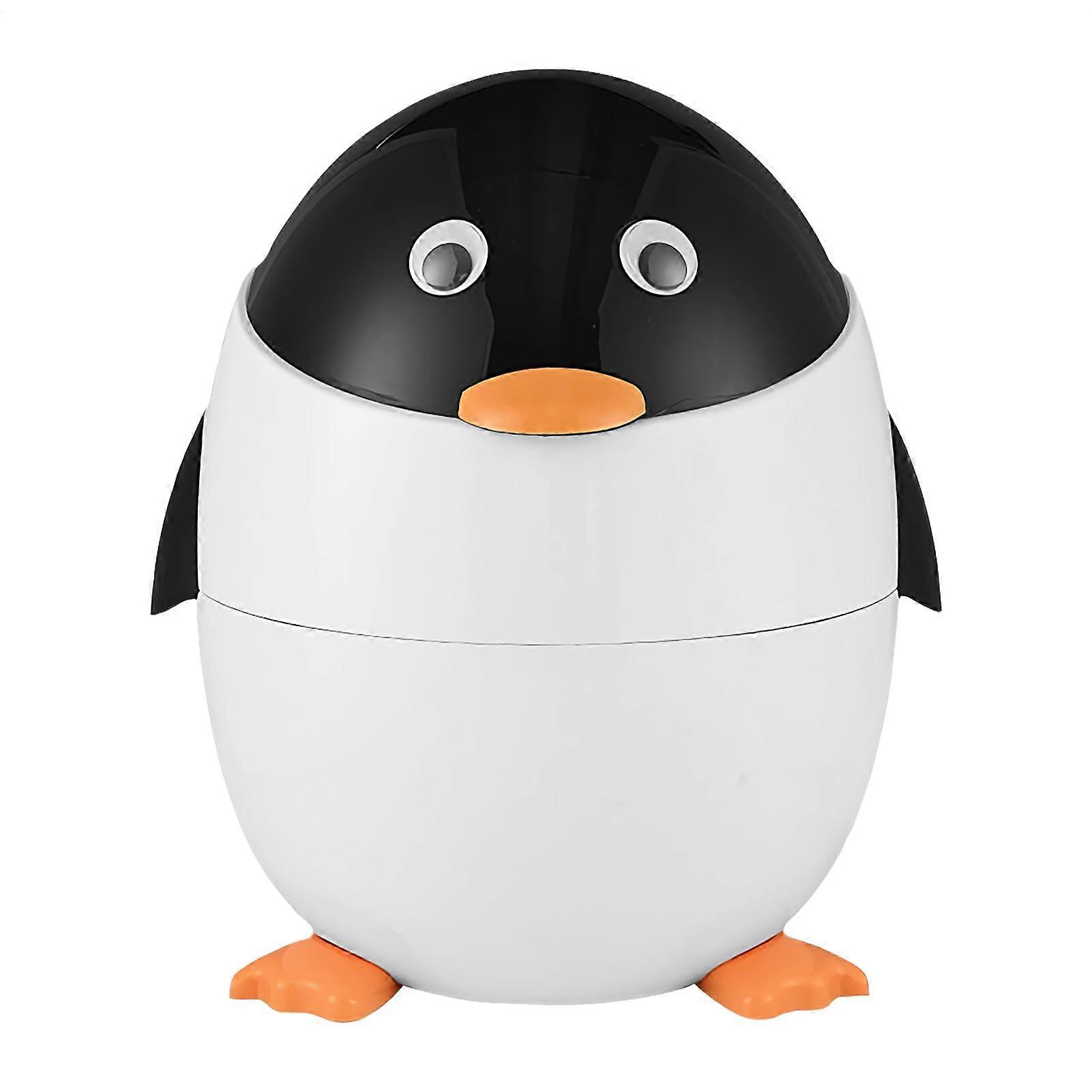 Trash Can With Lid Penguin Garbage Bin Under Tables Compact Animal Waste Basket Black And White