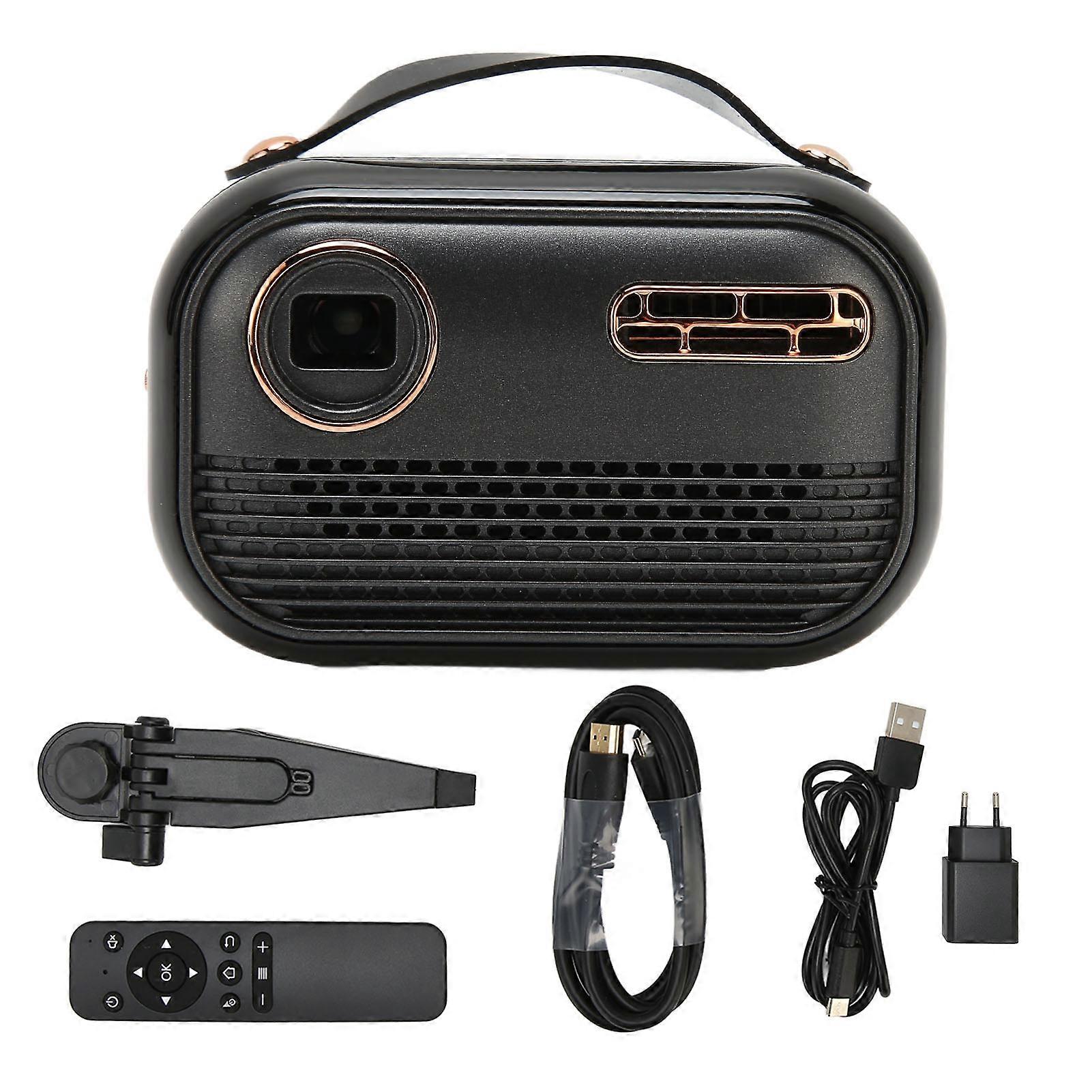 Mini Projector for Android 9.0 1080P Portable Projector with Tripod Remote EU Plug Black