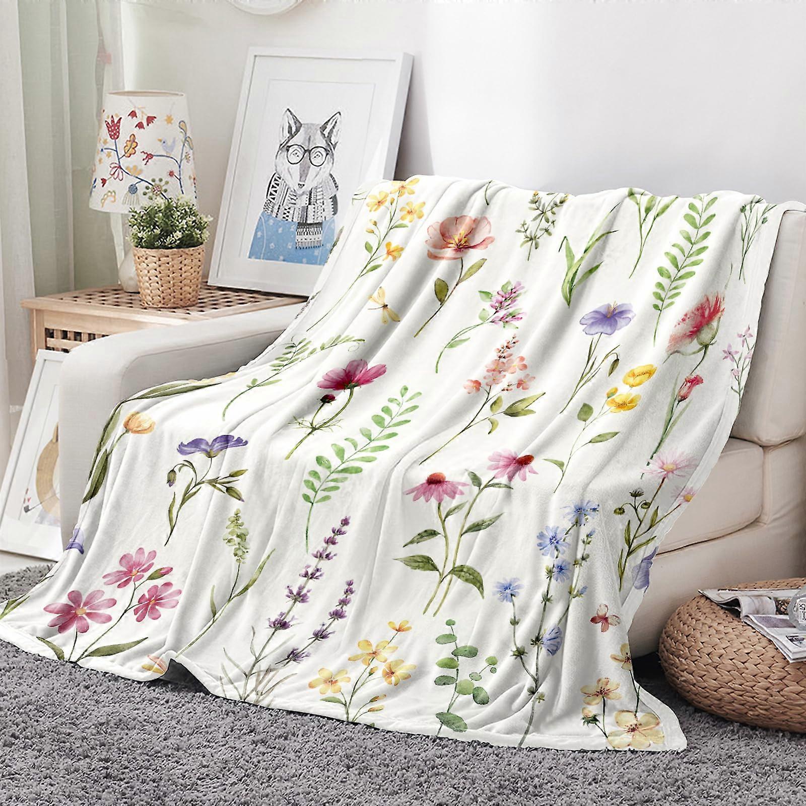 Wildflowers Throw Blanket Botanical Floral Printed Pattern, Soft Flannel, Lightweight, 60 x 80 Inches, Bed Sofa Travel