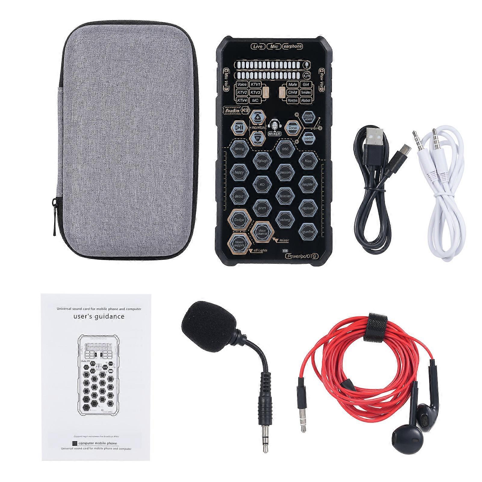 K9 Handheld Live Sound Card Soundboard with Voice Changer for Podcasting Broadcasting Singing Recording Studio Use