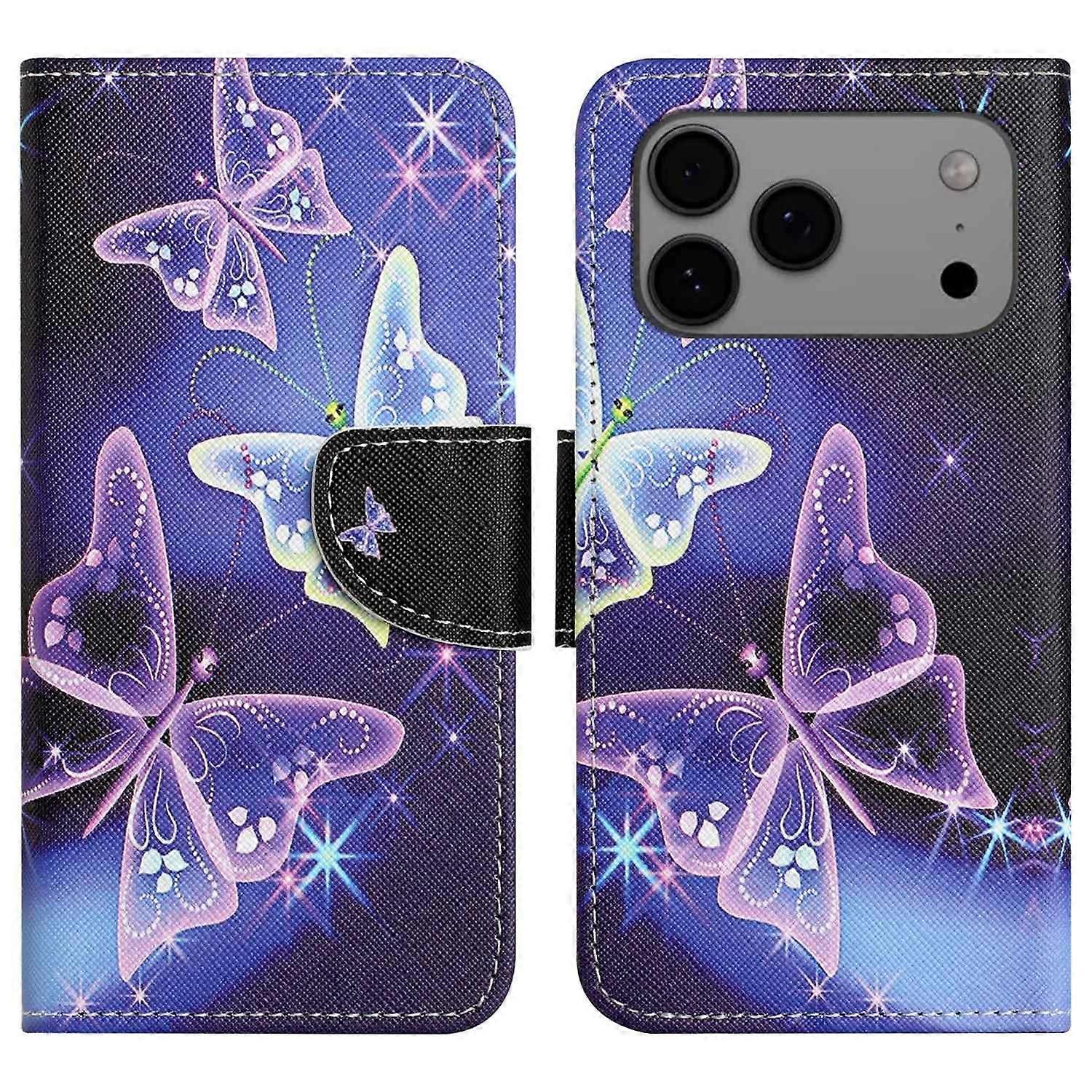For iPhone 17 Pro Case Pattern Printing Cross Texture Leather Phone Cover - Sparkling Butterfly