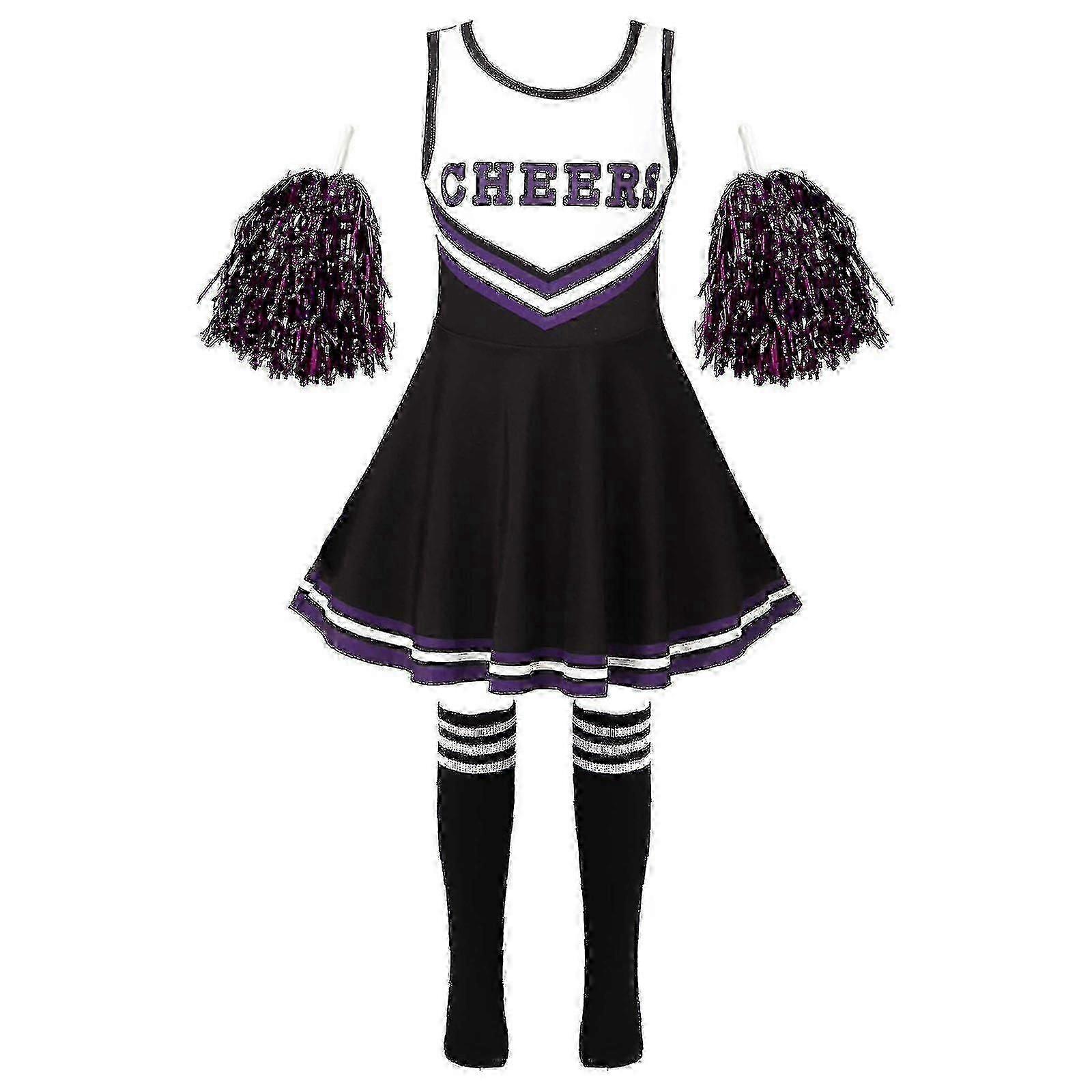 Tyttöjen cheerleader-asu Cheerleading-asu urheilupeleihin Pyöreä pääntie, kirjainpainatus, tilkkutäkki, tanssimekko, kukka ja sukat