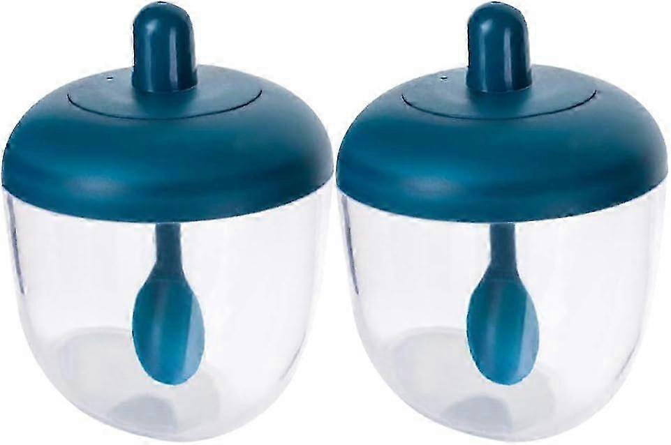 Condiment Jar, 2Pcs Kitchen Seasoning Pot Glass Salt Box Household Seasoning Pot MONosodium Glutamate Sugar Bottle Seasoning Box with Spoon (Blue)