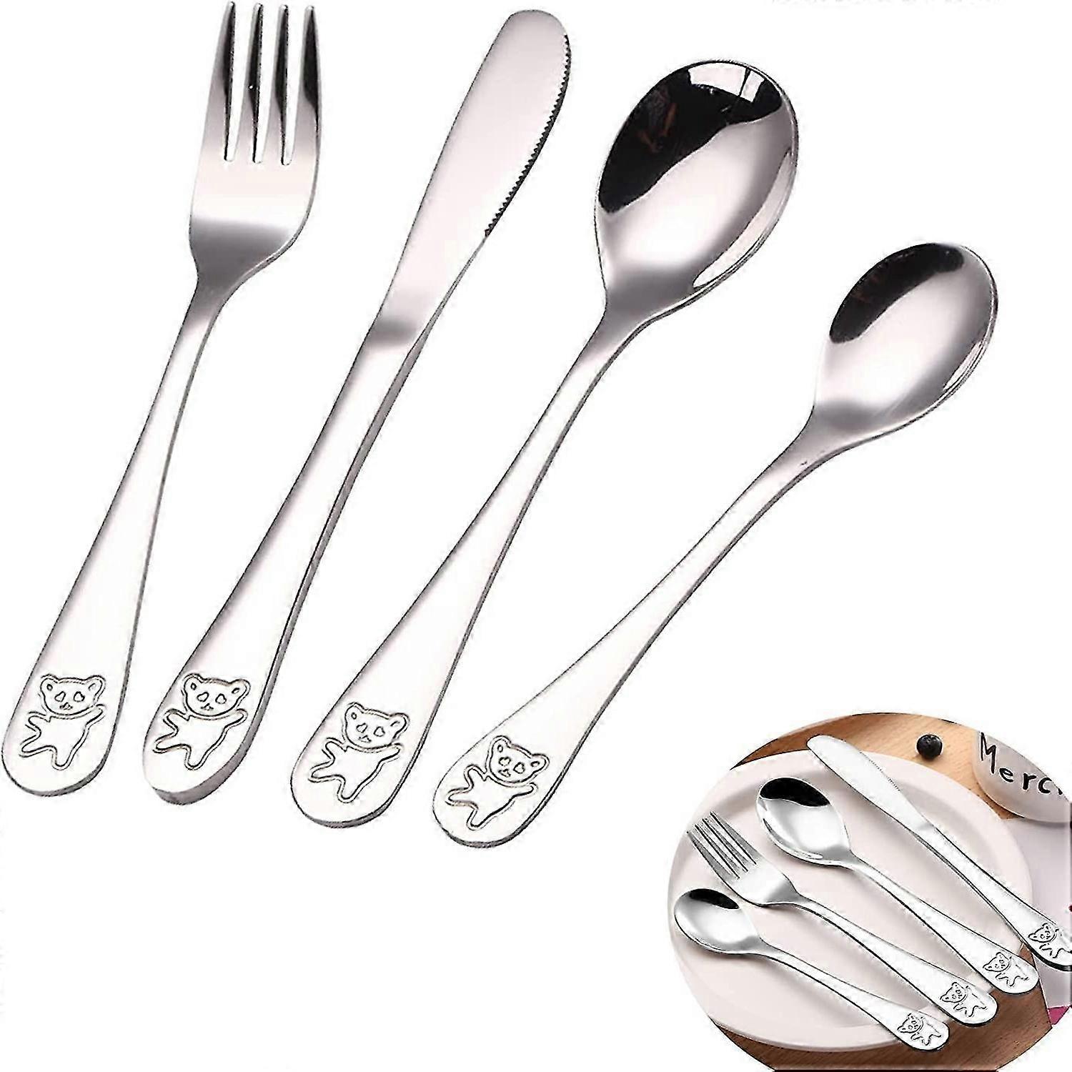 Set of 4 Children's Cutlery with Engraving,Spoon Set with Bear Pattern, with Teaspoon and Dessert Fork