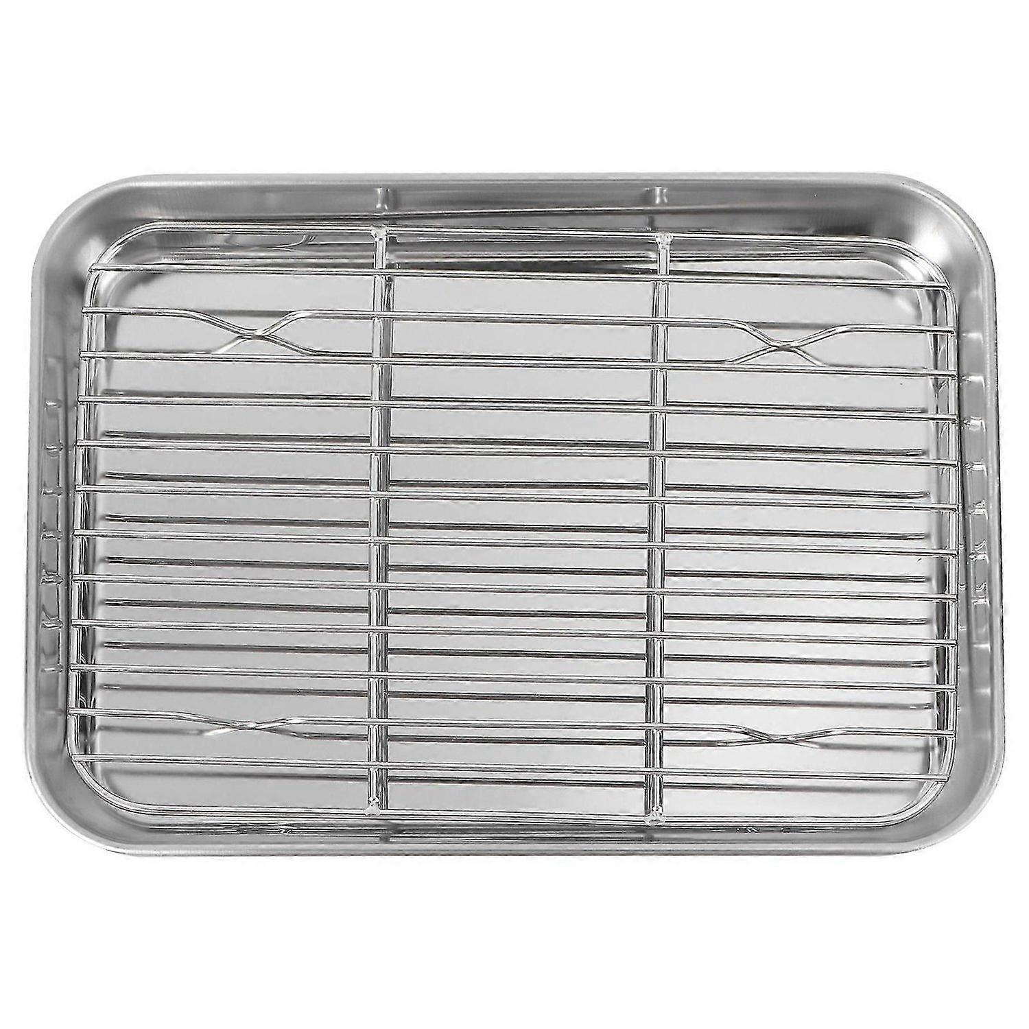 2 Pieces One Set Rectangular Baking Tray Draining Oil with Grid Rack Stainless Steel Baking Pan Shee