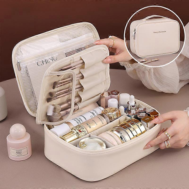 Portable Travel Makeup Bag, Waterproof PU Leather Cosmetic Bag, Large Capacity Open Flat Toiletry Bag with Handle and Dividers