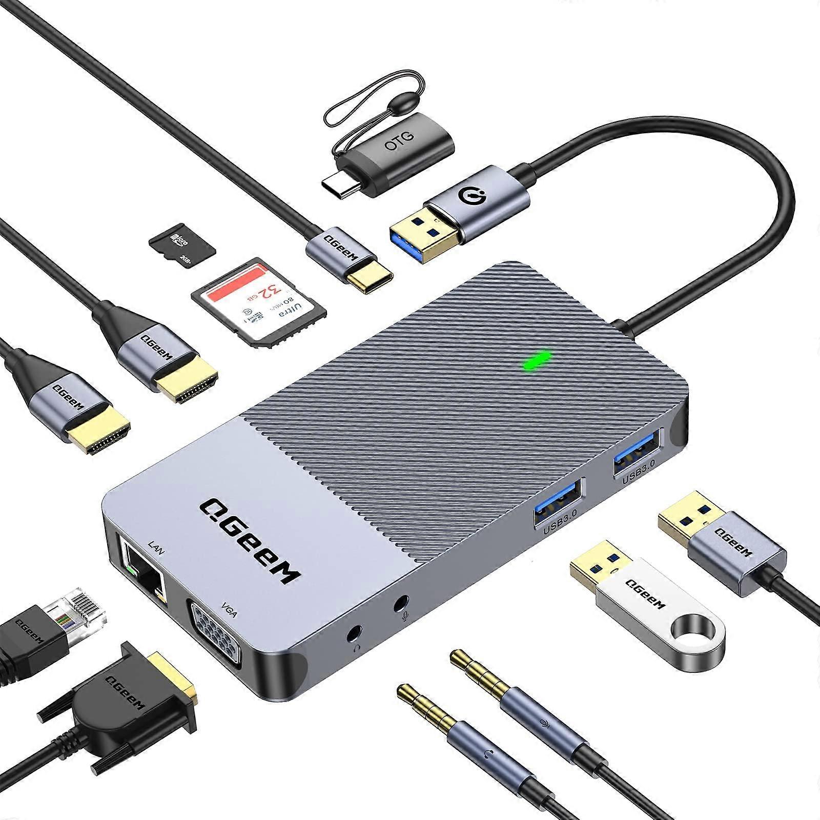 USB 3.0 Laptop Docking Station, Triple Display USB Hub With Dual HDMI, VGA, Card Reader, SD/TF, for MacBook M1 M2 M3 M4 Grey