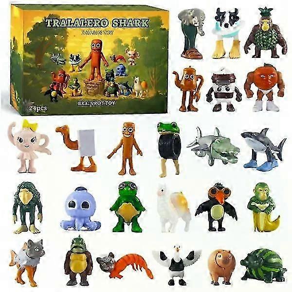 24 pcs Italian Style \"Brainrot Tralalero Tralala\" Advent Calendar, \"Brainrot Meme\" Shark Figures, Funny \"Brainrot Tung Tung Tung Sahur\" Figures