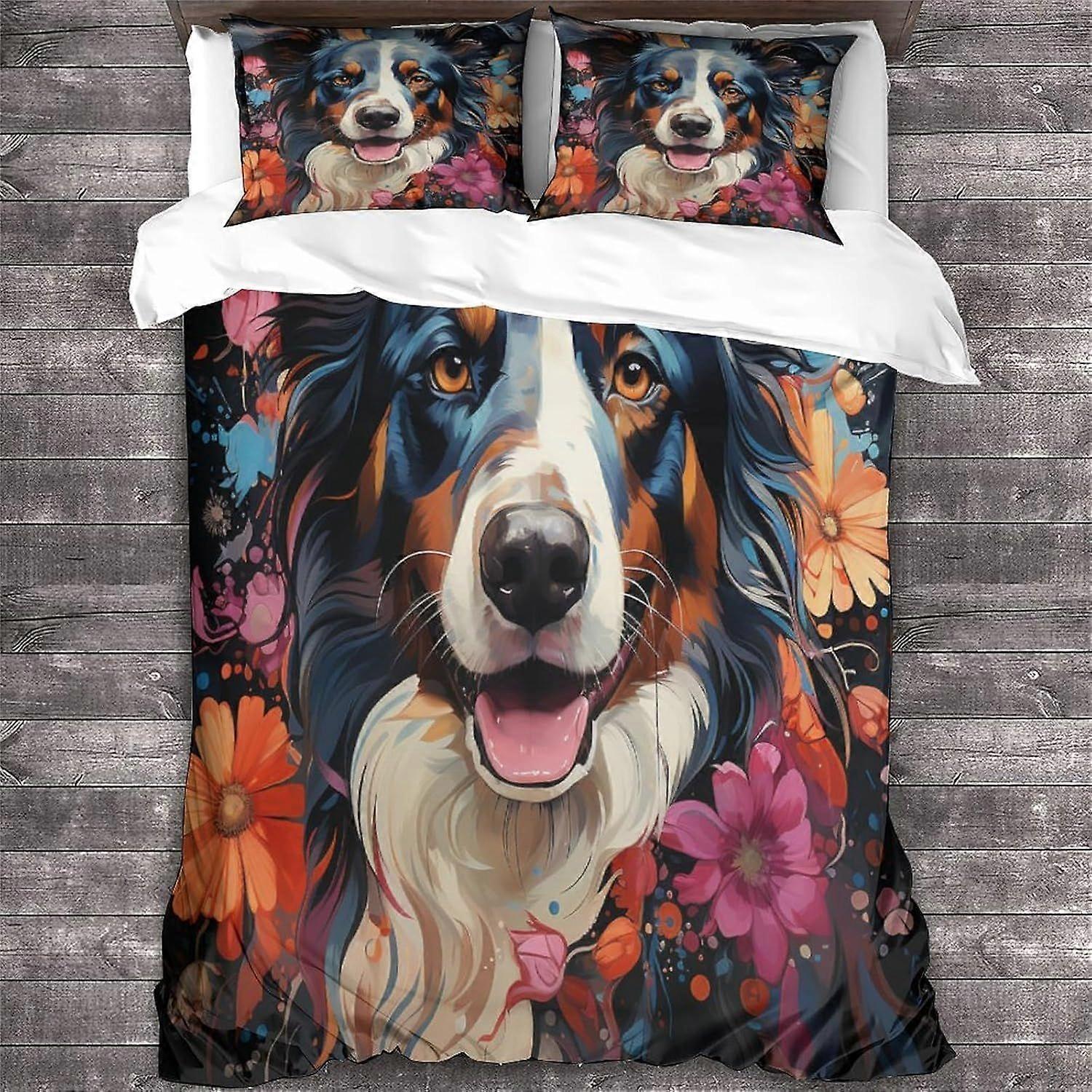LikeEj Border Collie Style 3D Digital Print Dog Bedding Sets Animal Print Duvet Cover Sets Soft Microfiber 3Pcs Quilt Cover with Zipper Closure