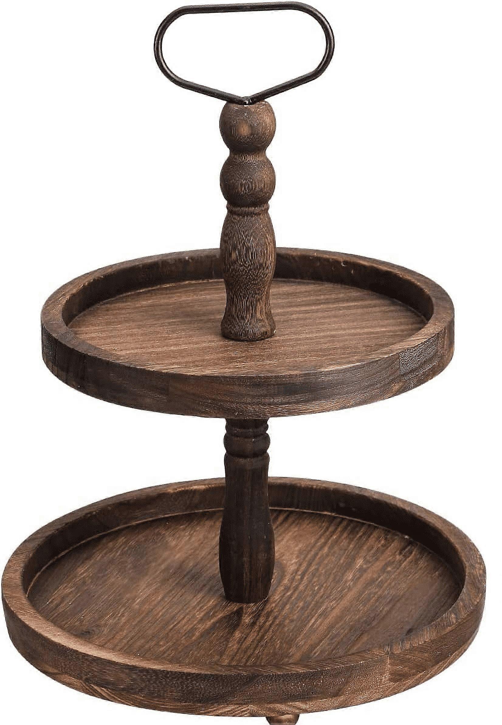 DEFNES 2-lags brettstativ, rustikt serveringsbrett i tre med metallhåndtak for kjøkkeninnredning, kun brett (tre)