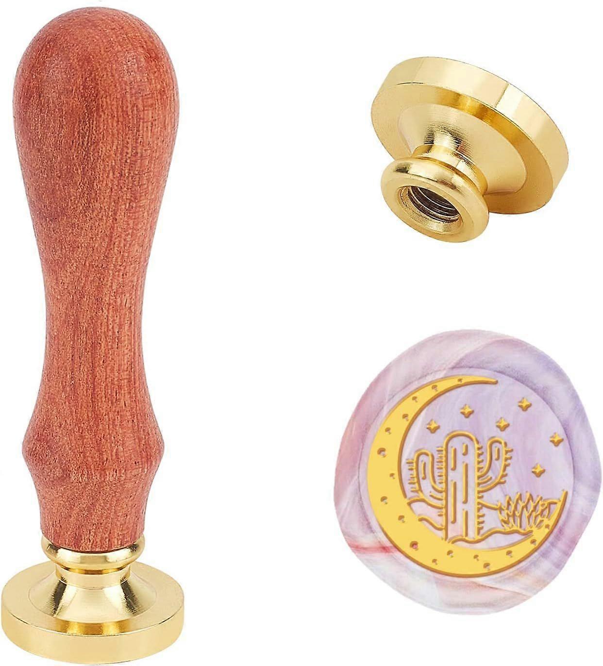 0.98" Wax Seal Stamp Cactus and Moon Pattern Removable Retro Brass Wood Handle Sealing Wax Suitable for Gift Wine Bag Wedding Invitation Greeting Card