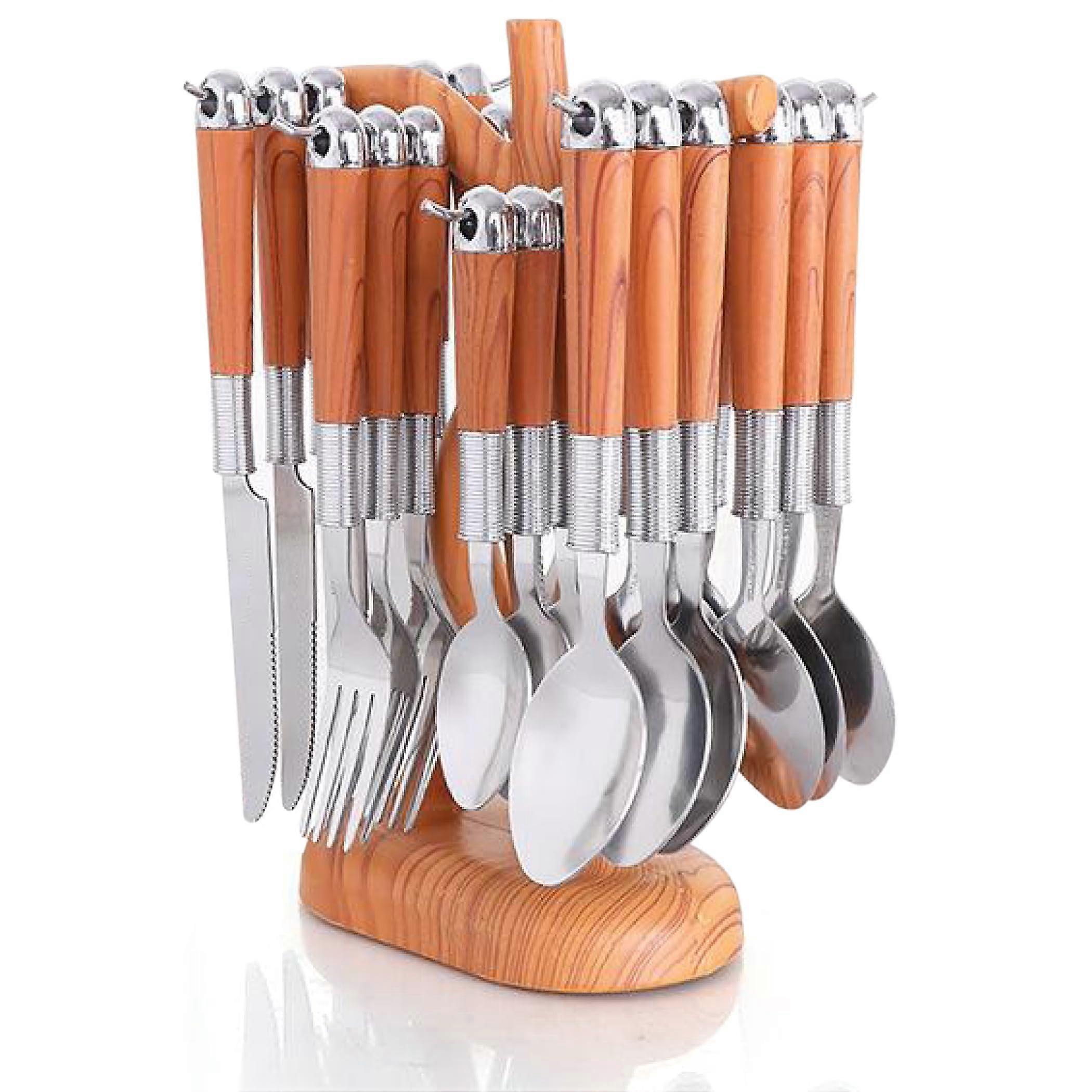 24 Pcs Stainless Steel Cutlery Set with Rack, Complete Flatware for 6, Durable Knife Fork Spoon