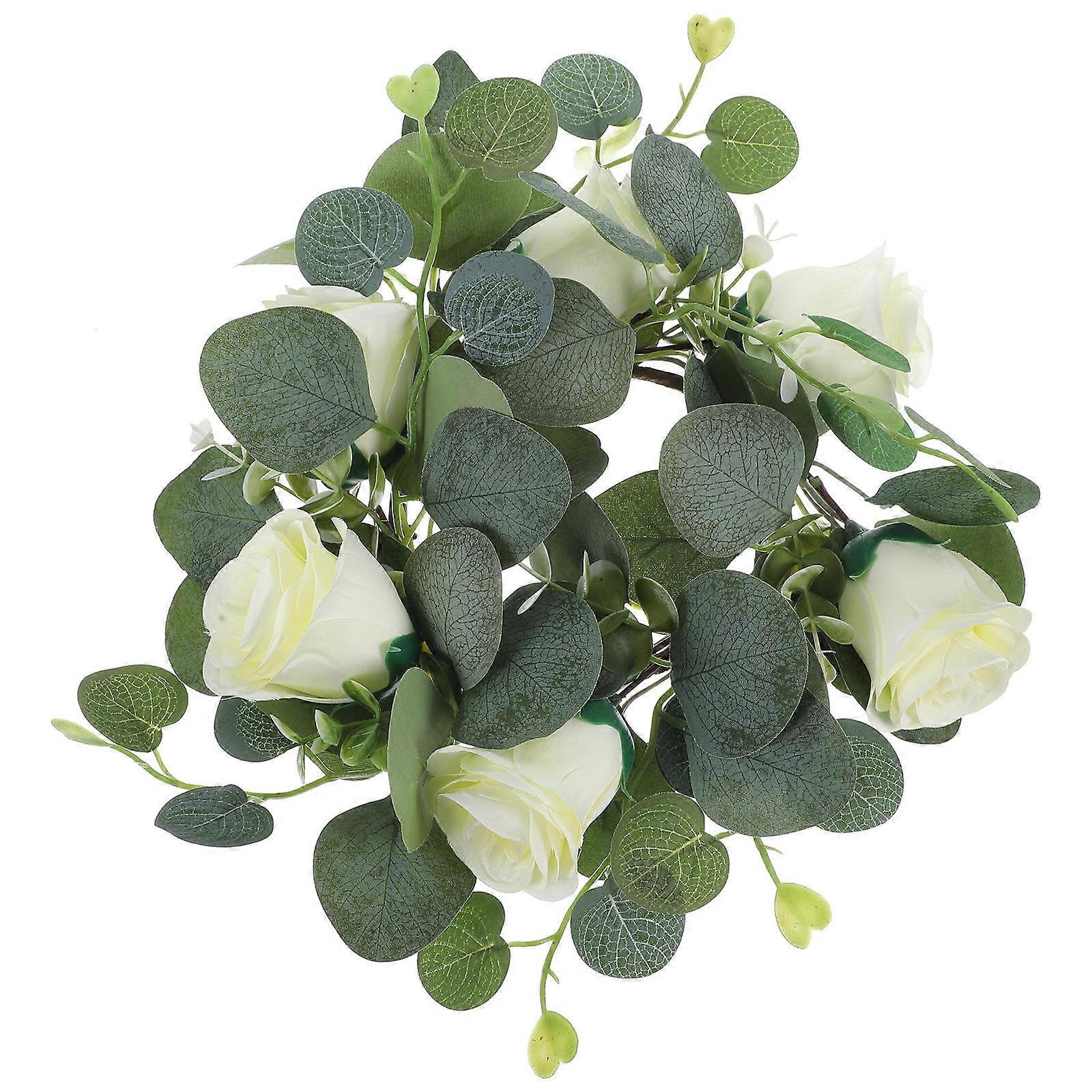 Artificial Flower Candle Ring Silk Rose Wreath for Decor White