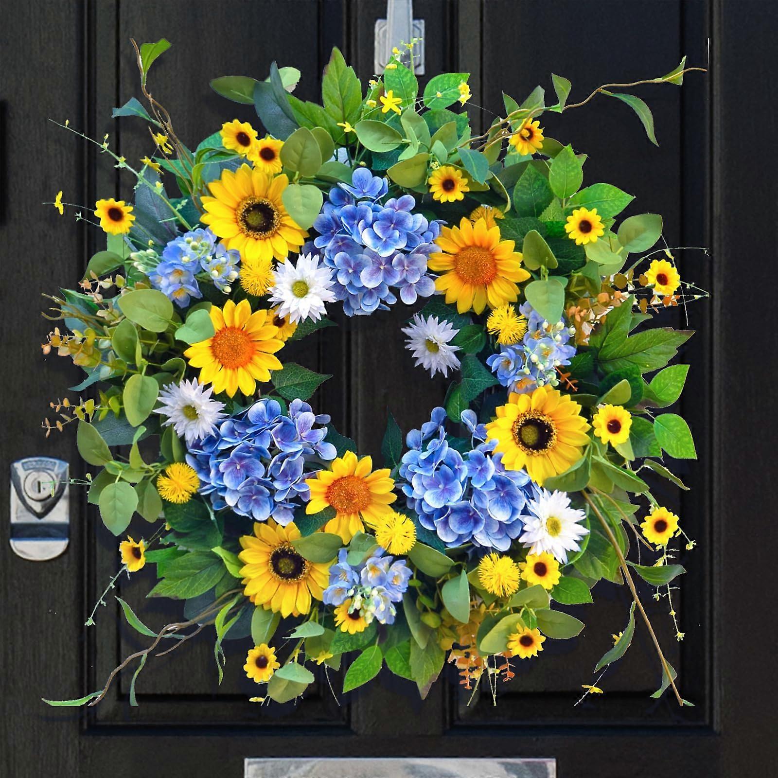 Spring Wreath 24 Inch Eucalyptus Sunflower Daisy Front Door Decor with Hydrangeas for Home and Wedding