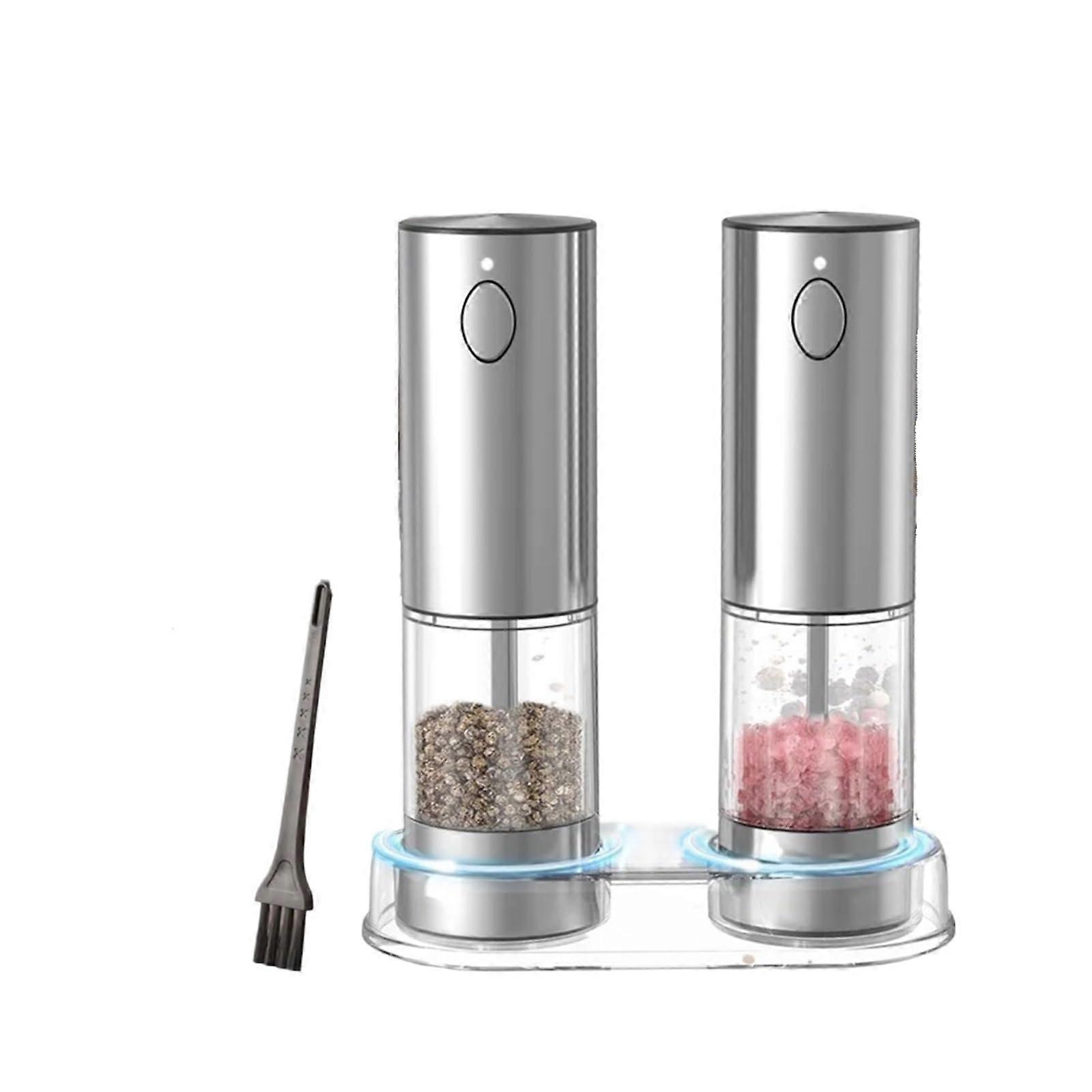 Electric Salt and Pepper Grinder USB Rechargeable with Adjustable Coarseness Light Large Capacity 2pcs Silver