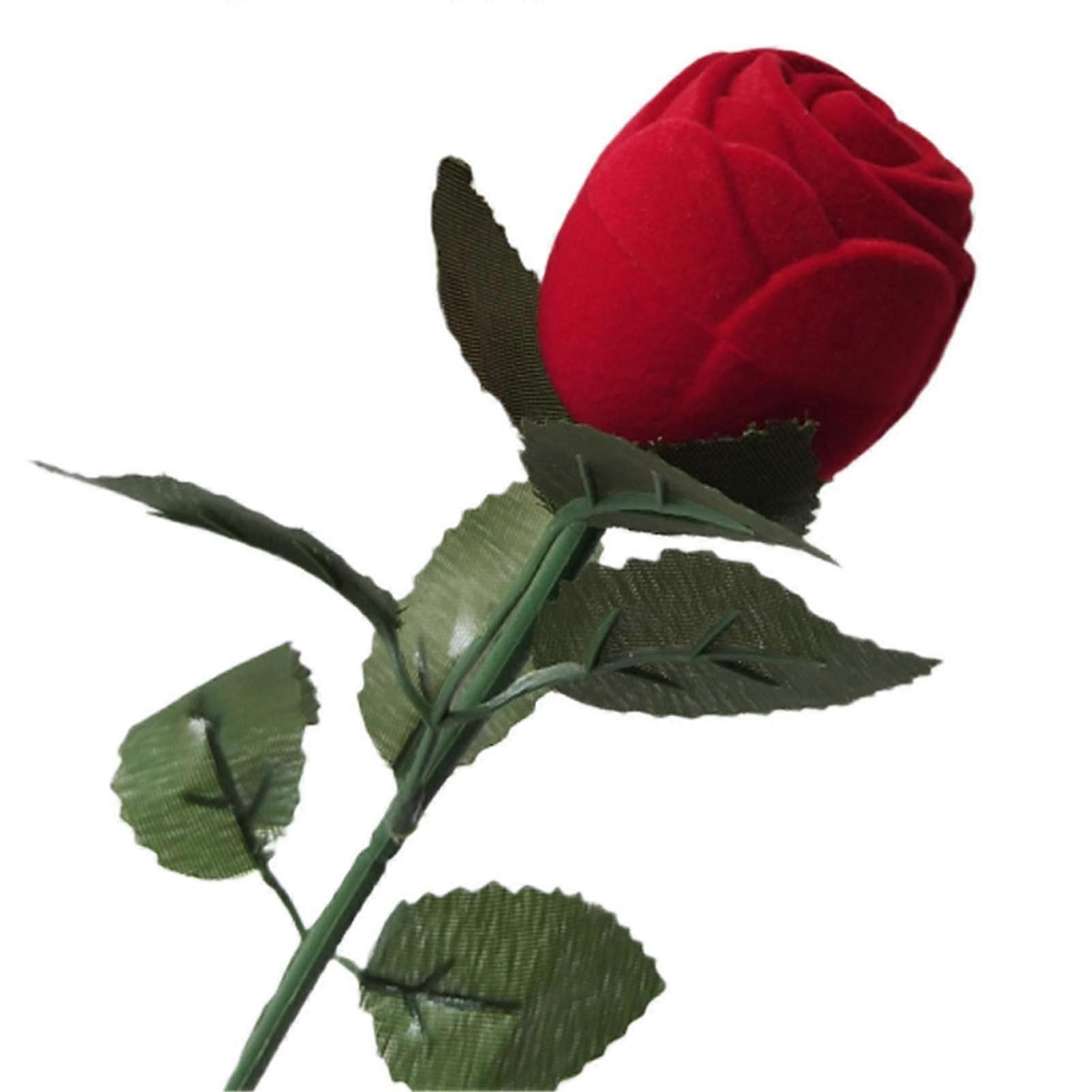 Flower Ring Box Lifelike Romantic Red Rose Ring Case with Stem Leaves for