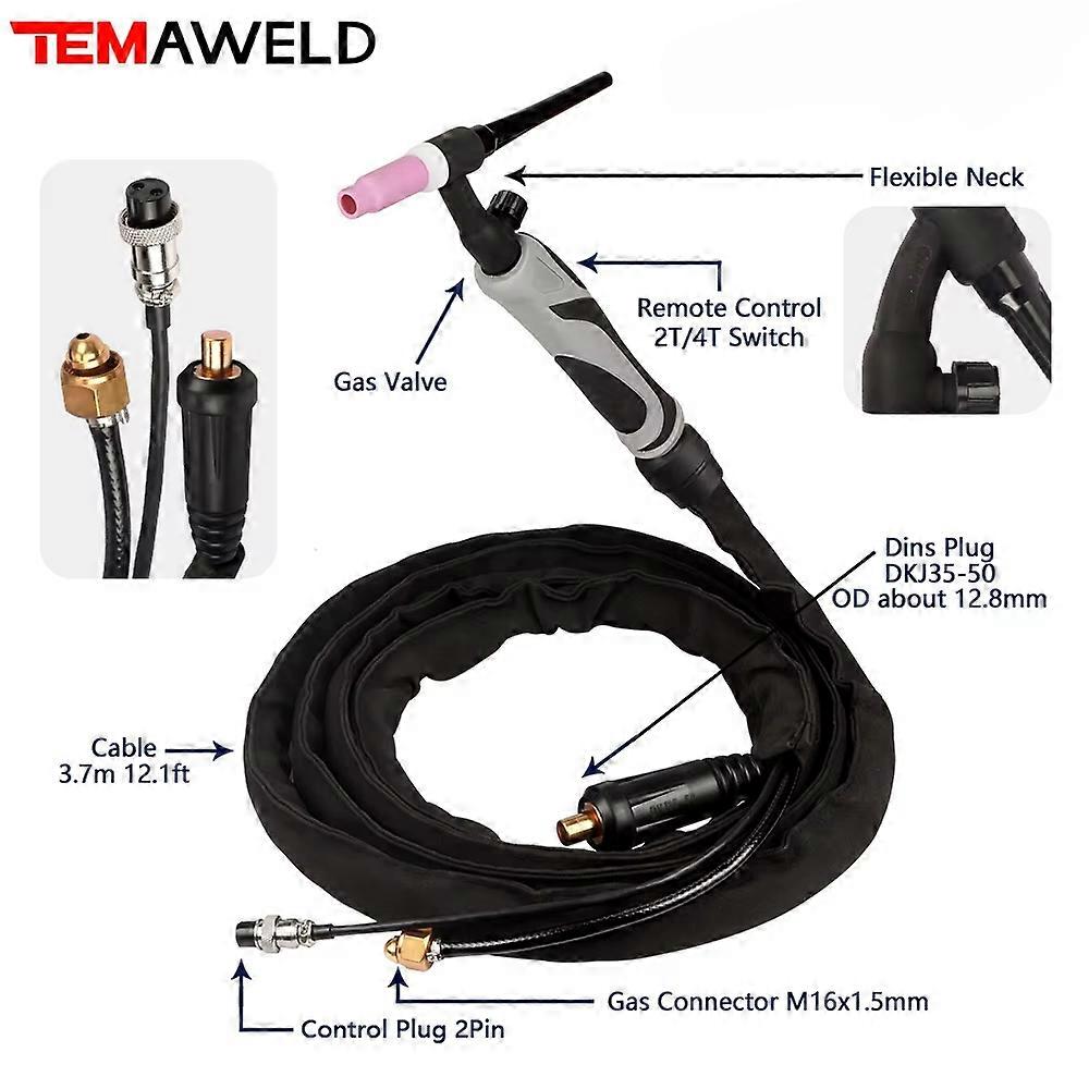 TIG Torch with Adjustable Angle, 12ft Cable, Air-Cooled Flex Neck