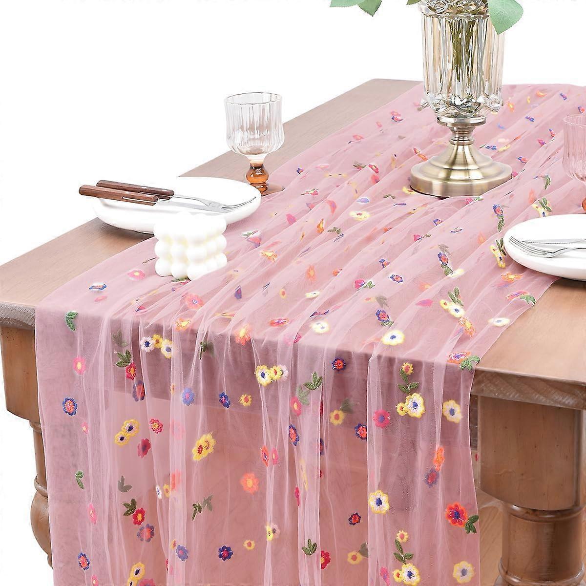 Embroidered Daisy Table Runner,Floral Tulle Table Runner, Exquisite Sp
