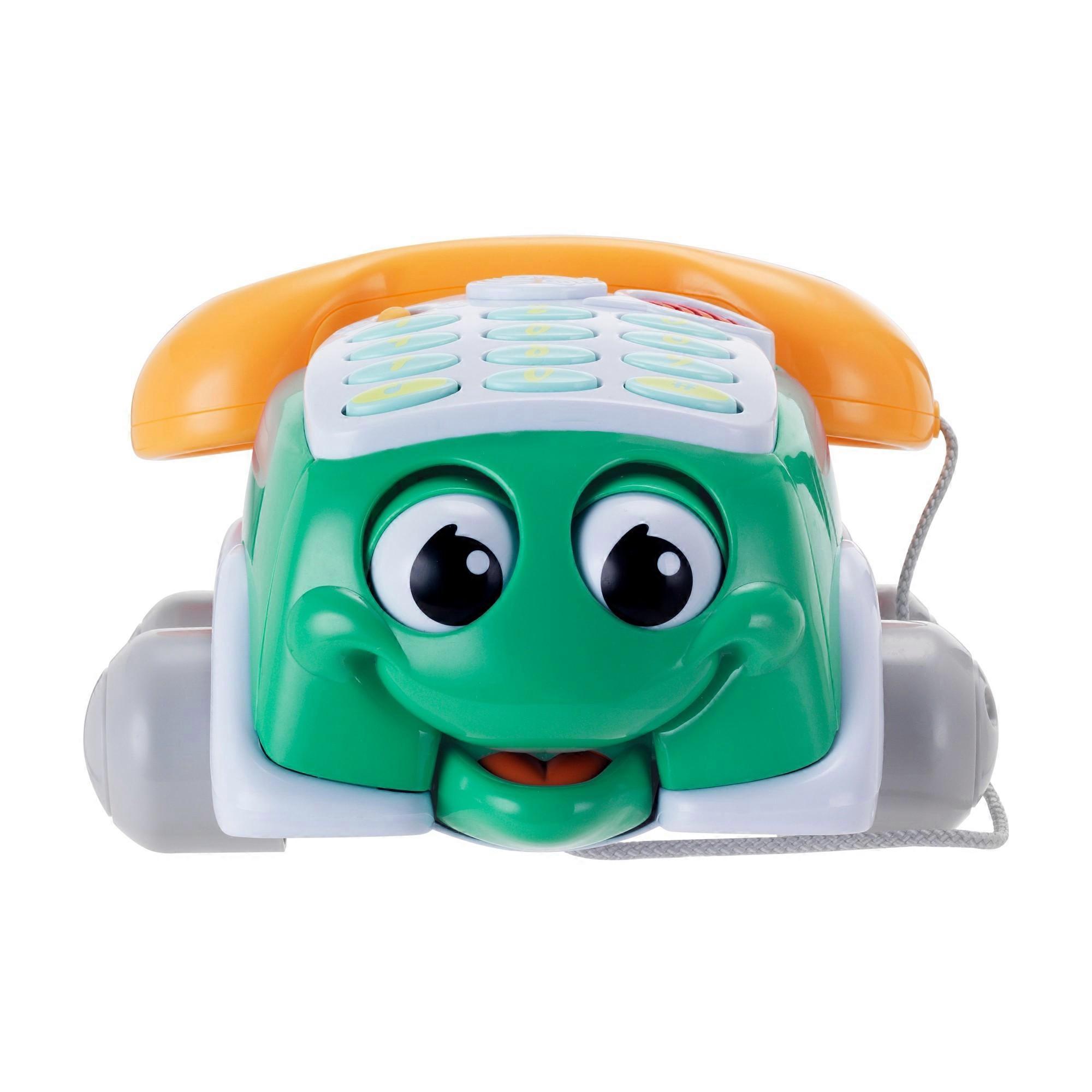 Teléfono de juguete con ruedas, que incluye un auricular, una cara sonriente y ojos grandes.