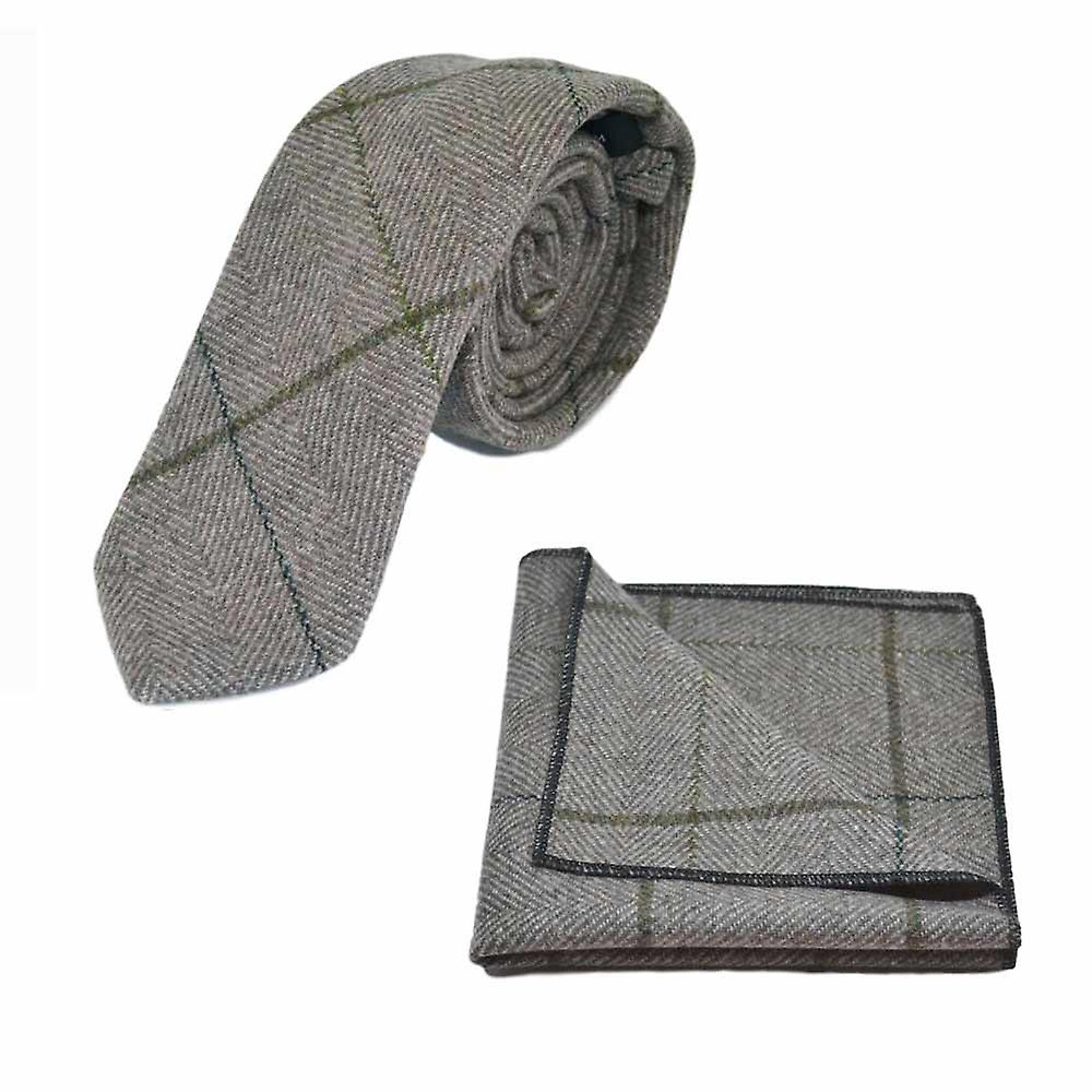 Light Khaki Brown Herringbone Check Tie & Pocket Square Set