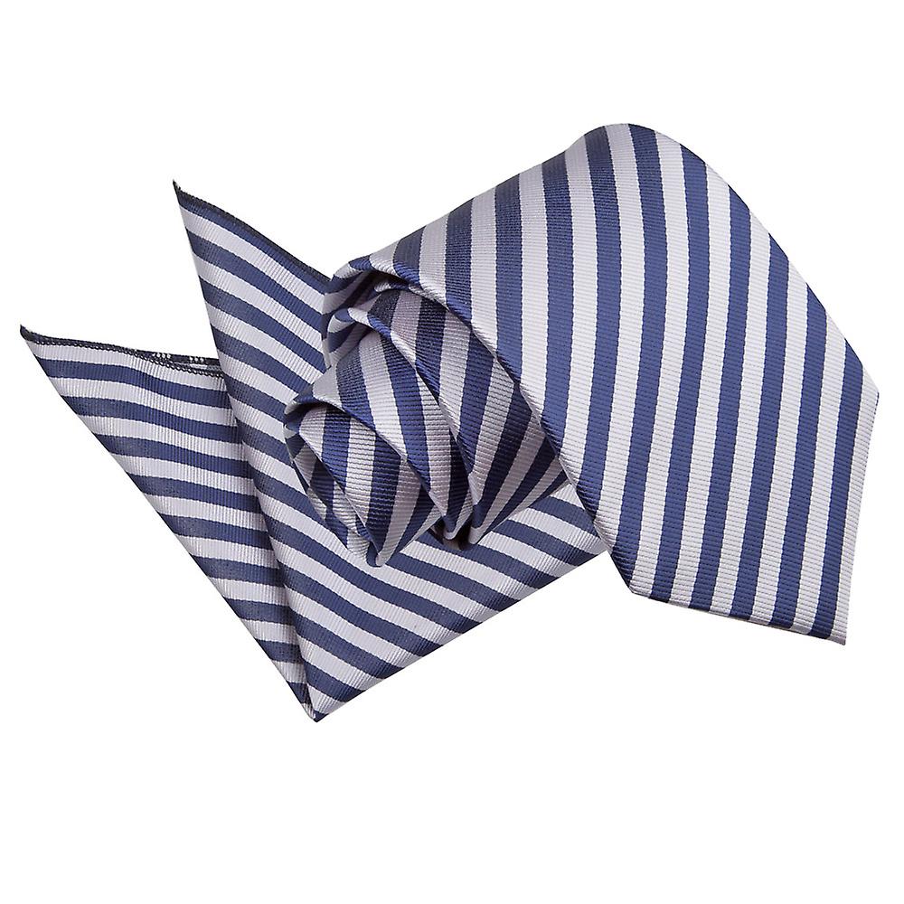 Navy Blue and Silver Thin Stripe Tie and Pocket Square Set
