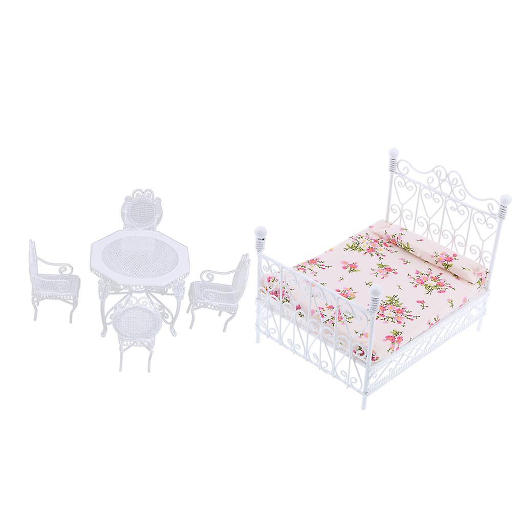 1/12 Dollhouse Miniature White Octagonal Double Bed Table Chairs Model Set