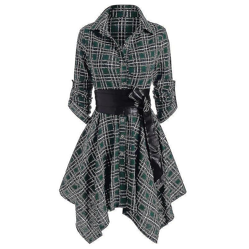 المرأة منقوشة اللباس طويل الأكمام زر أسفل حزام قميص أفضل هدية