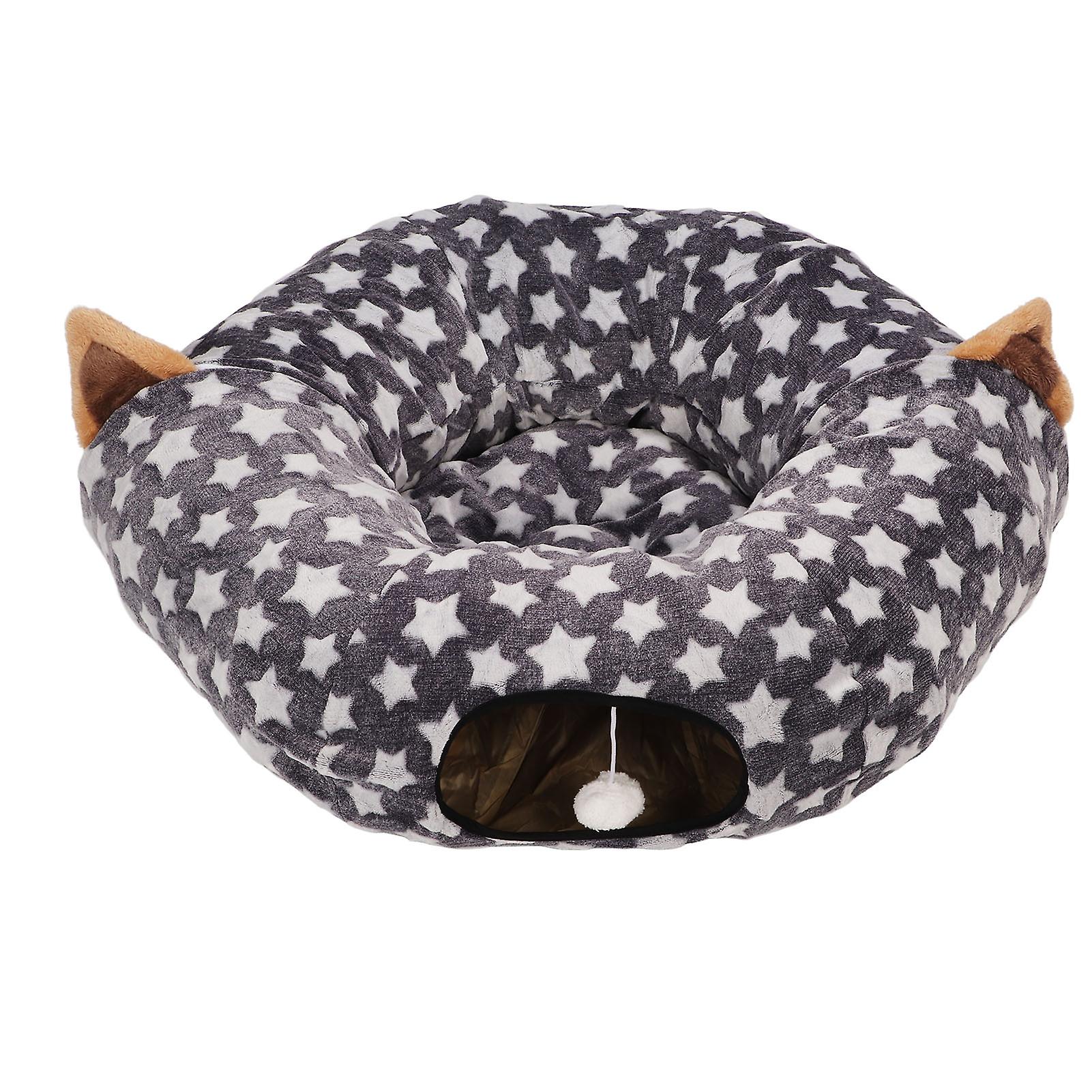 Foldable Cat Dog Tunnel Bed, Large Diameter Long Crinkle Pet Bed with Pet Toy Cushion, Star Gray
