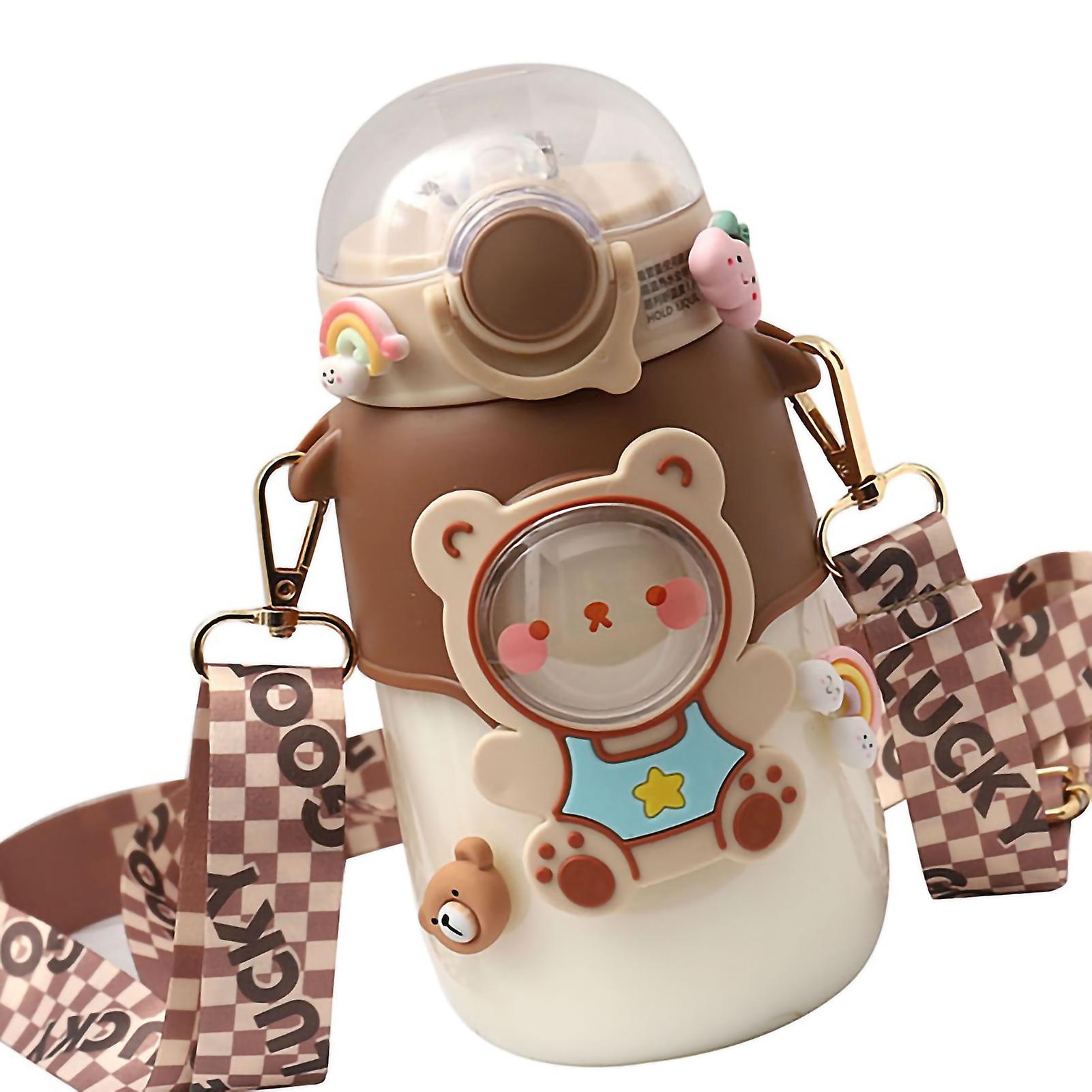 Soft Straw Drinking Cup Portable Plastic Sippy Cup Cartoon Pattern Water Bottle with Strap Brown