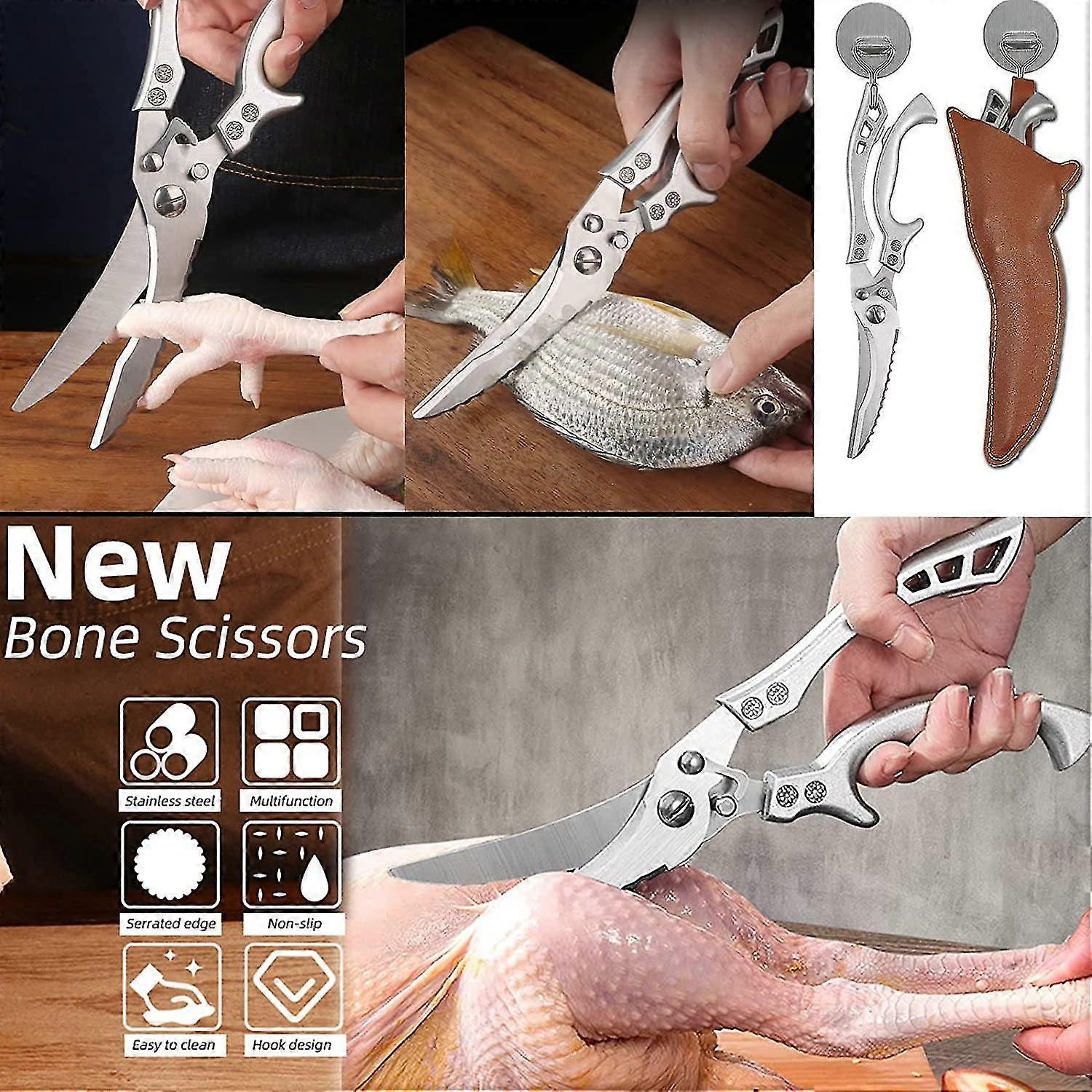 Sharp Kitchen Scissors , Multifunctional Professional Chicken Bone Shears, Dishwasher Safe Poultry Shears, For Bbq Fish, Vegetables-SILVER