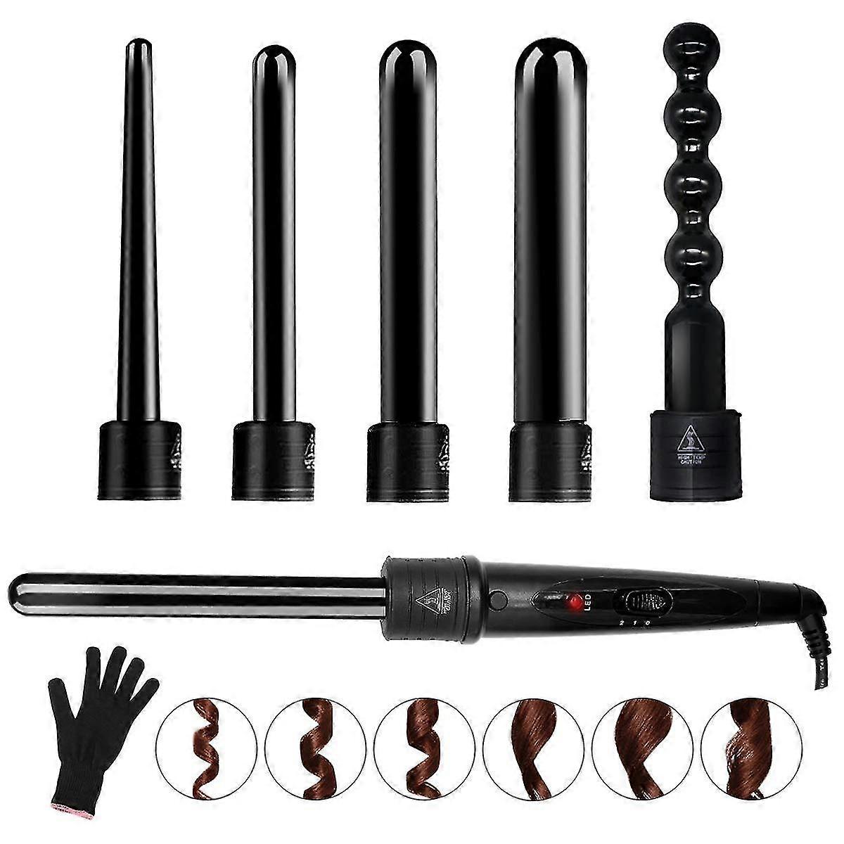 6 In 1 Curling Iron Wand Set With 6 Interchangeable Ceramic Barrels And Heat Protective Glove (black-6in1) A-XinHan