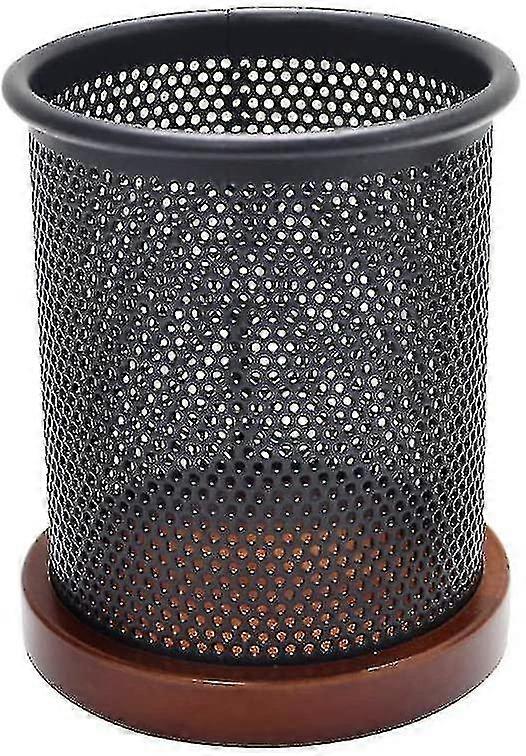 Mesh Pen Pencil Holder With Wooden Base Black Pencils Pot Desk Oraganizer Dispenser For Home Office School Supplies(mahogany Base)