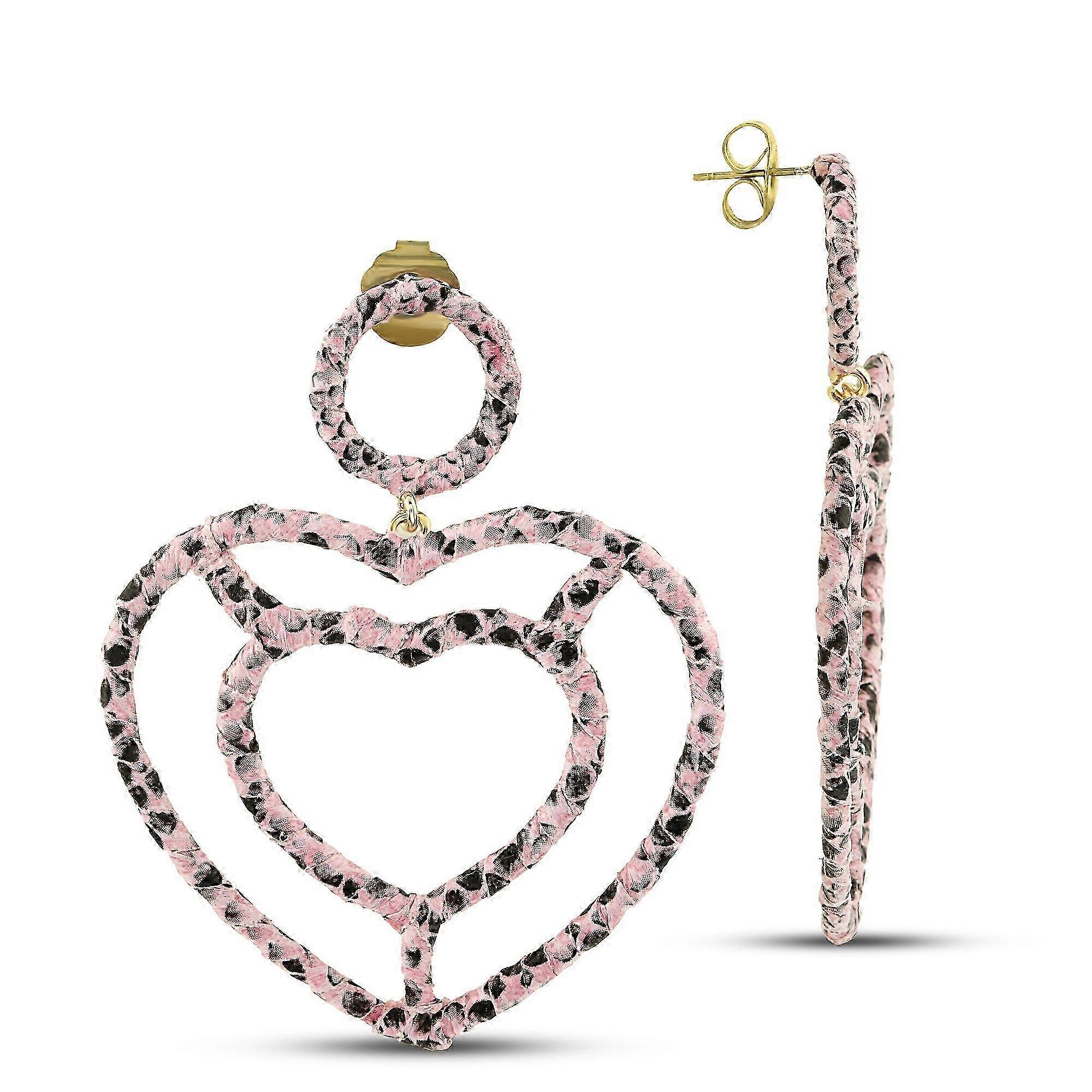 Double Hallow Heart Drop Earrings - Snakeskin Leather Oversize Dangle Earrings