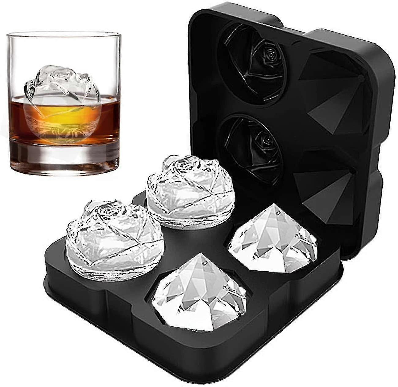 Ice Cube Tray, 2.5 Inch Ice Cube Silicone Molds, 2 Cavity Rose & 2 Diamond Ice Ball Maker