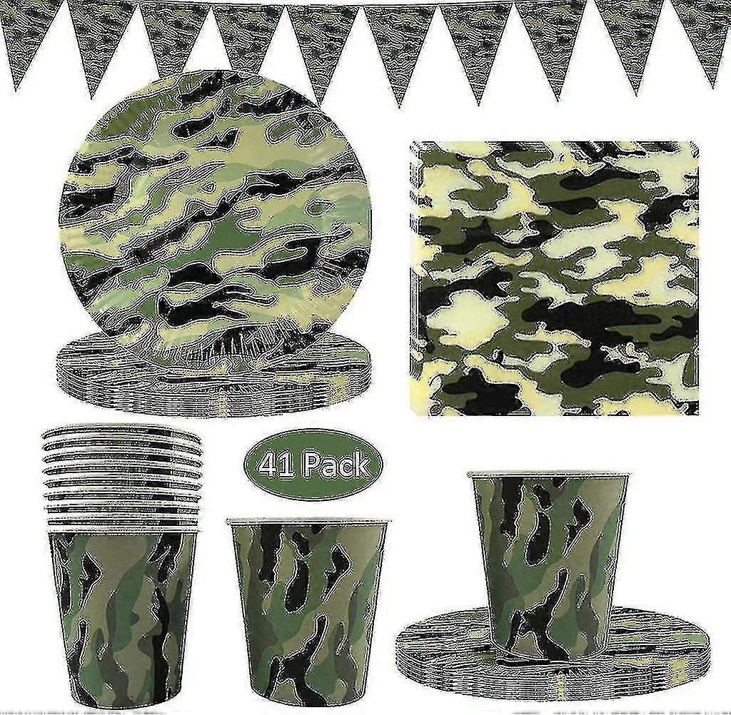 41 Pack Camouflage Disposable Tableware, Camouflage Party Supplies With Camo Plates Cups Napkins And Triangle Banner