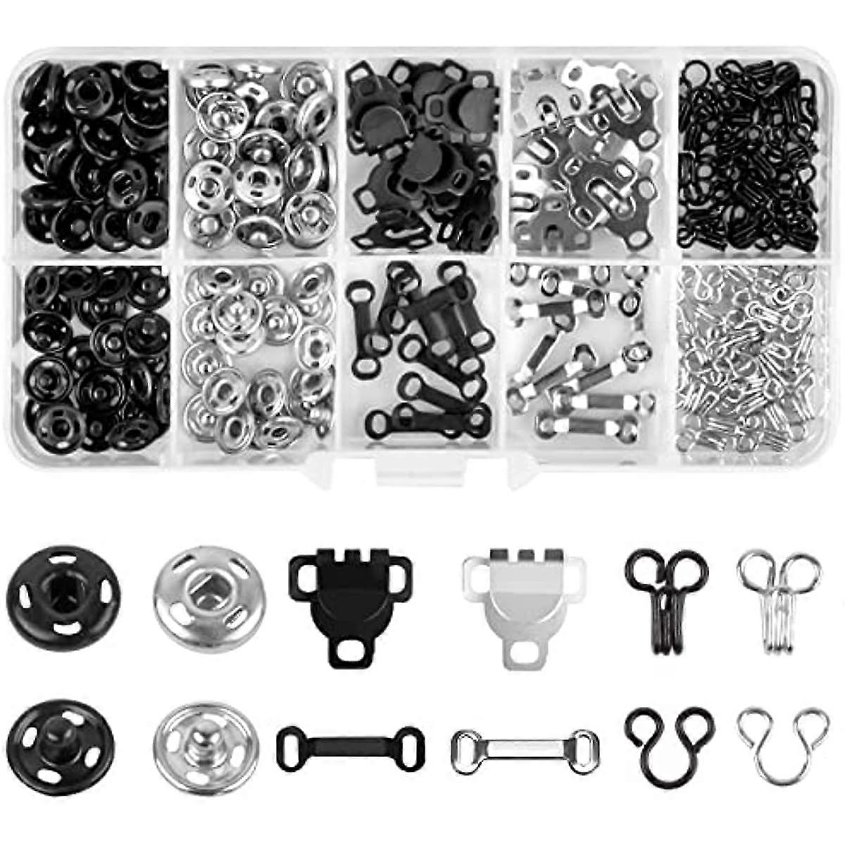 100 Pcs Sewing Hooks and Eyes Set, Hook and Eye Fastenings for Clothes Press Studs Snap Fasteners Sew on Press Stud Cap Buttons for Skirt Bra Trousers