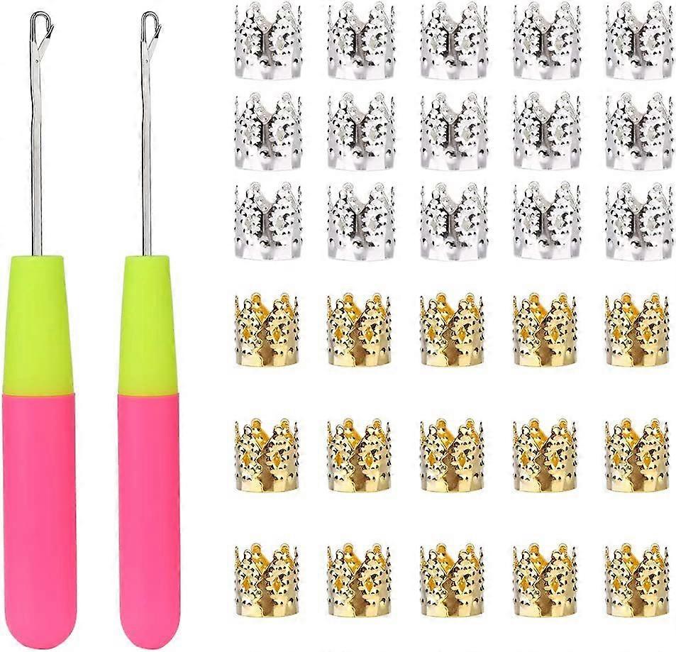 2 Pcs Loquet Crochet Aiguilles crochet avec 30 Pcs Dreadlocks DcorationTresse de Cheveux en Anneaux Perles pour Crochet Crochets Tresses Accessoires