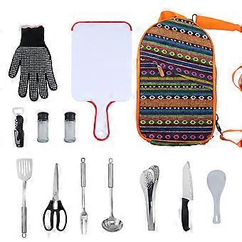 Picnic taske Messenger køkkengrej opbevaringspose Multifunktionel picnic køkken sæt-etnisk stil 12-delt sæt