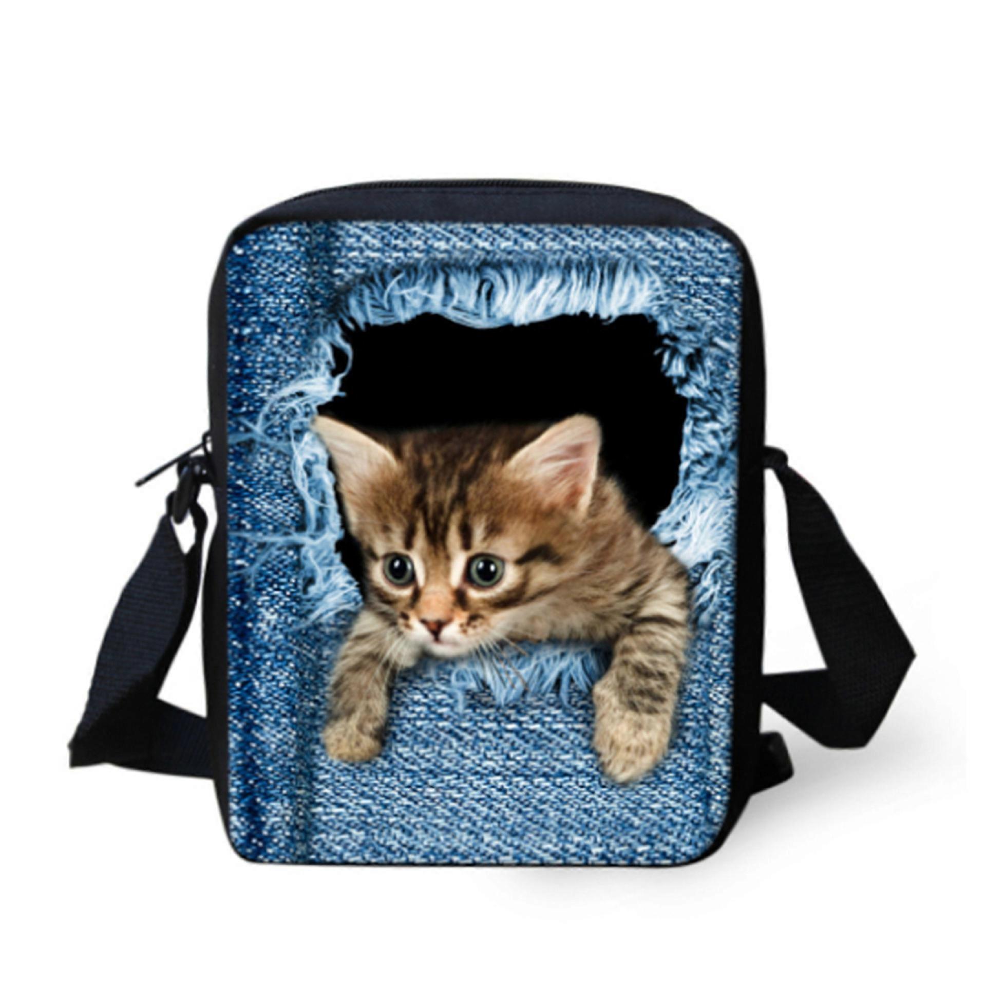 Coloranimal Printed Denim Shoulder Bag with Small Dog or Cat Pattern, Pet Pattern