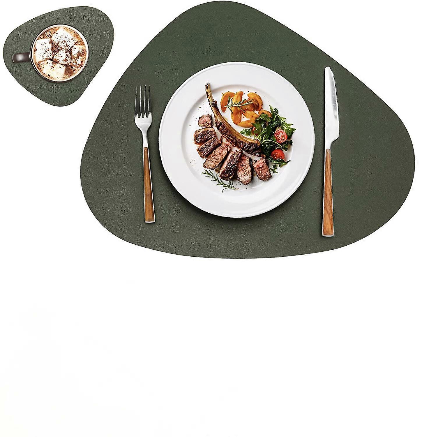 Green and Gray - Washable Round Placemats, Dinnerware Set, Reversible Non-Slip Waterproof Leather Placemats and Coasters, Heat-Resistant Non-Slip Wash