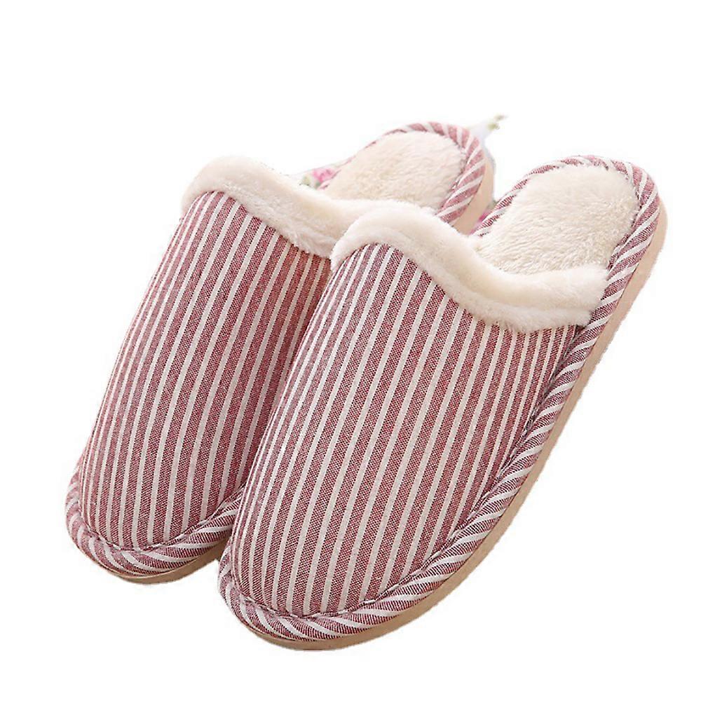 Winter Warm Soft Slippers Plush Fluffy Flat Shoes with Stripe Design Non-Slip Warm Soft